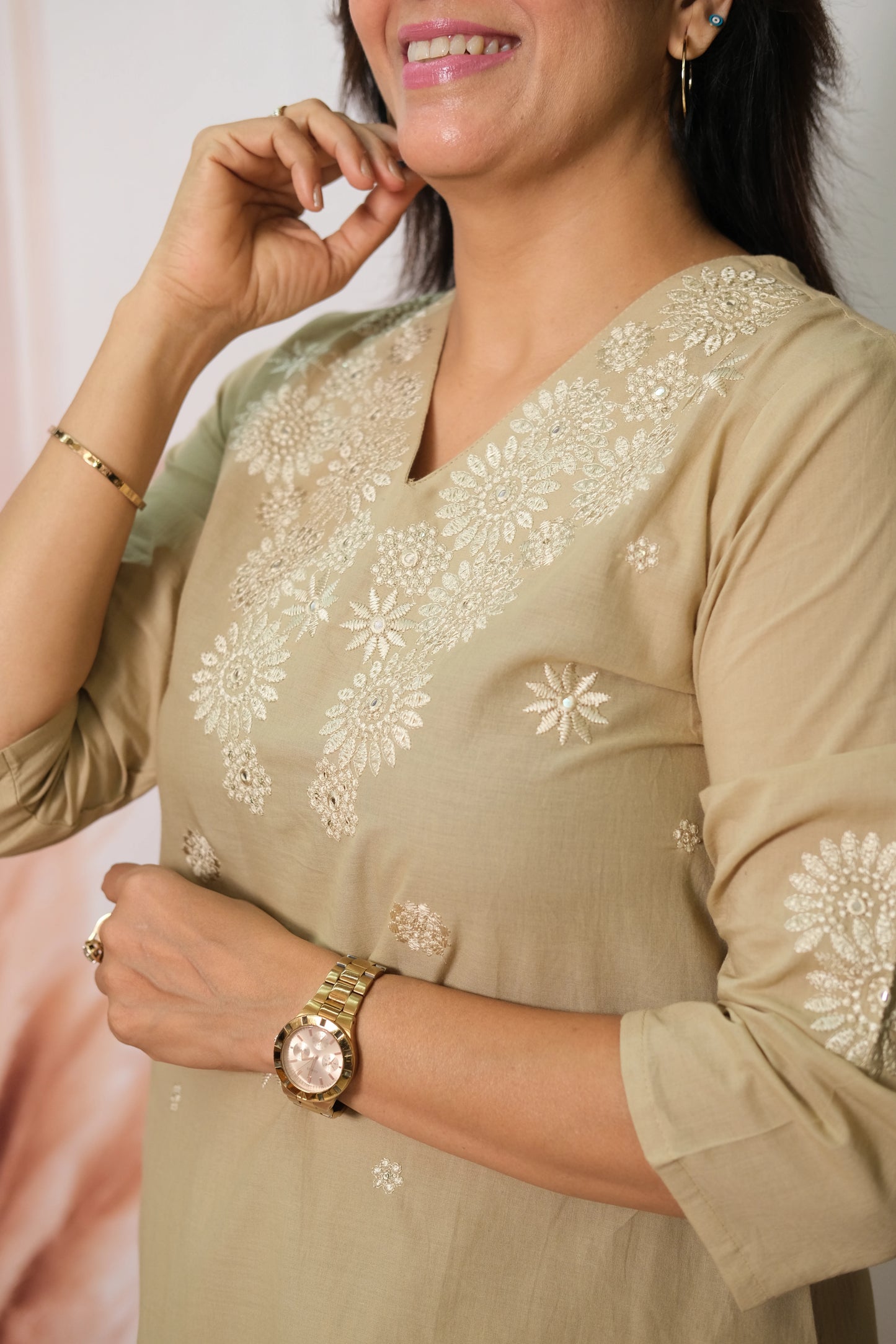 Beige Co-ord Set in Soft Cotton with Embroidery – Effortless Elegance