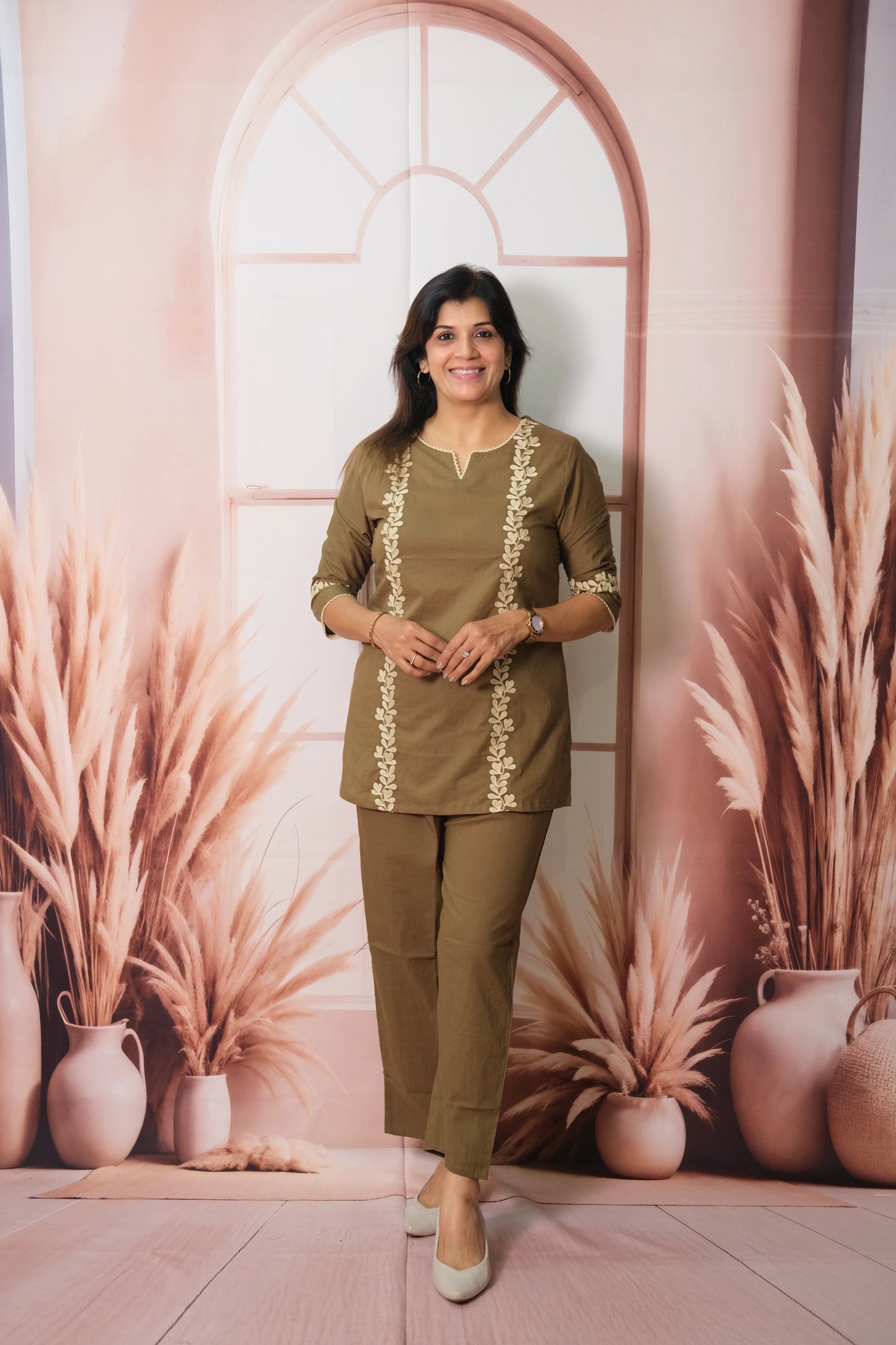 Olive Green Co-ord Set in Soft Cotton with Embroidery – Elegant Daily Wear