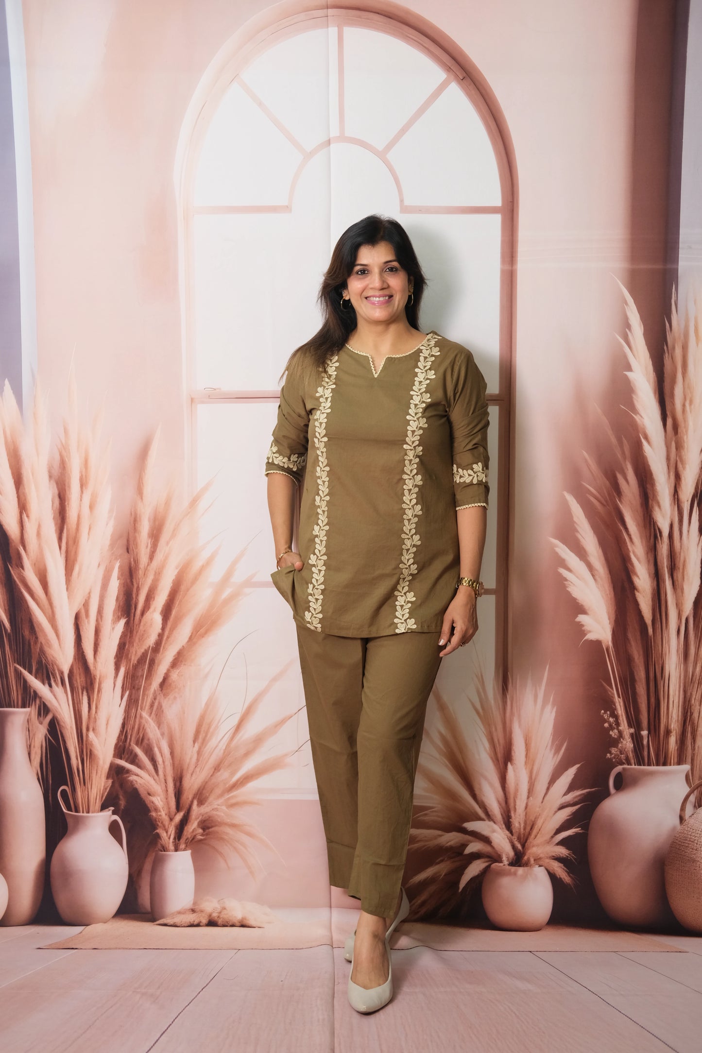 Olive Green Co-ord Set in Soft Cotton with Embroidery – Elegant Daily Wear