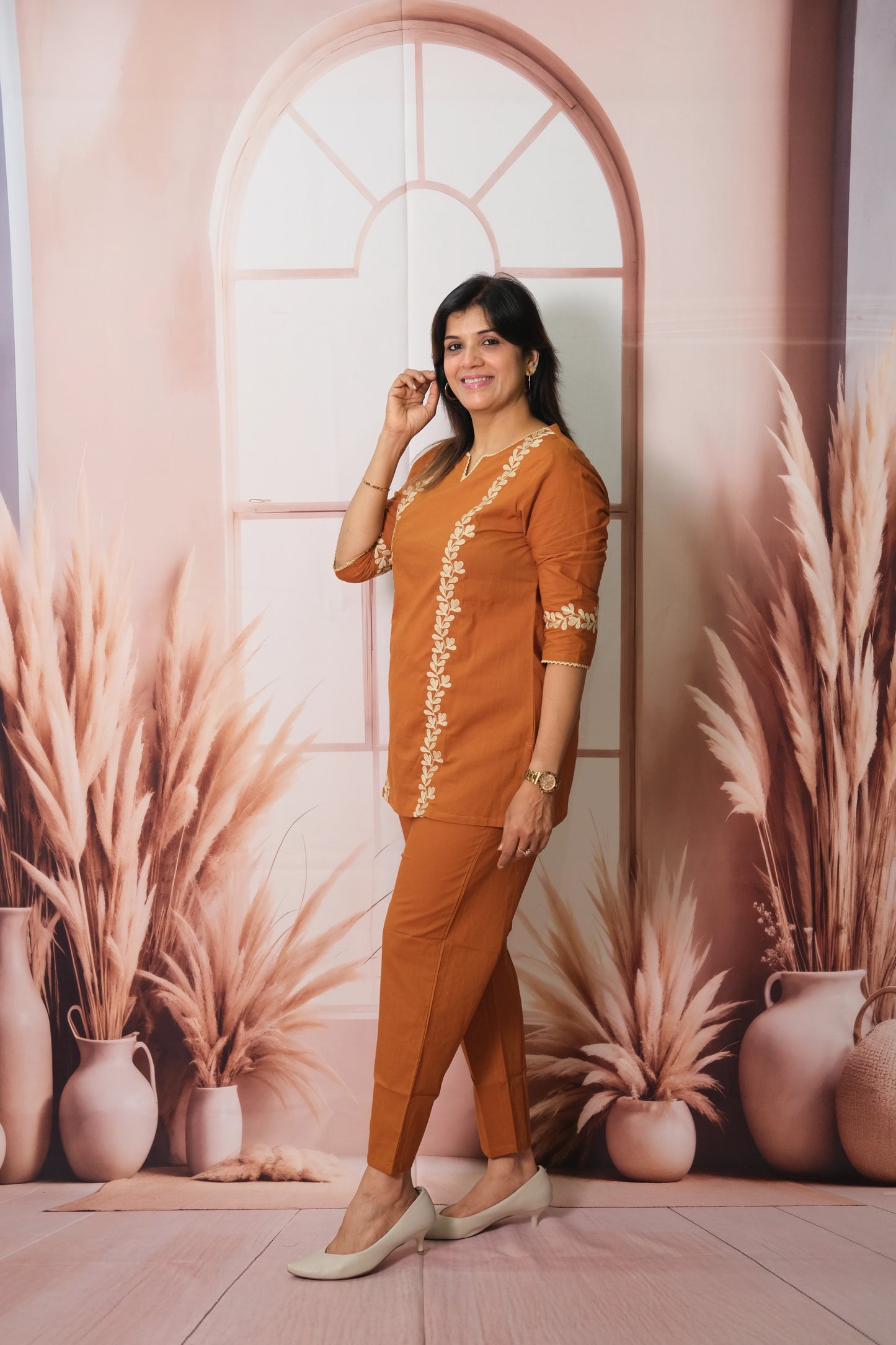 Rust Brown Co-ord Set in Soft Cotton with Embroidery – Elegant Daily Wear