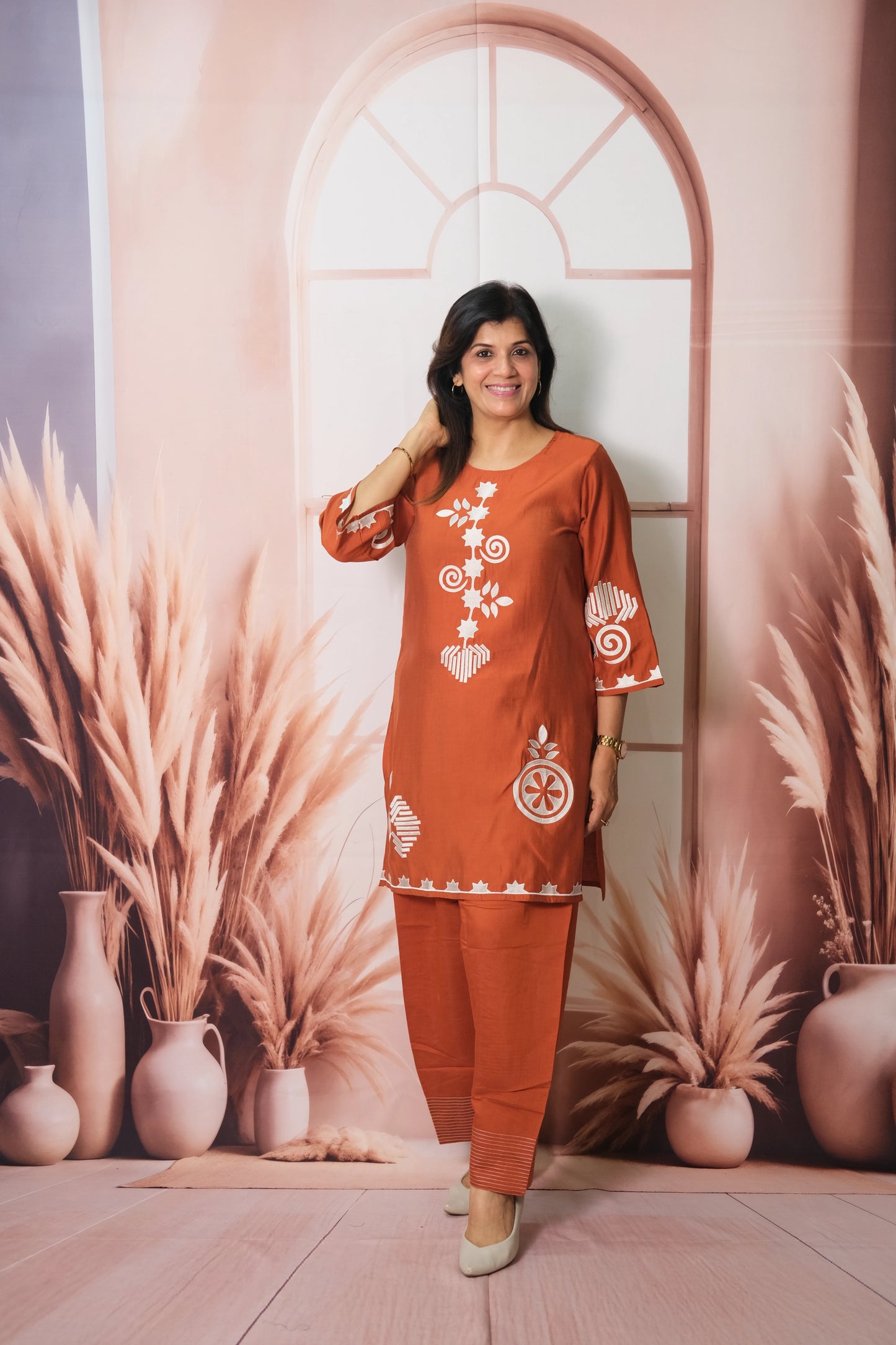 Rust Co-ord Set in Muslin with Embroidery – Graceful Festive Wear