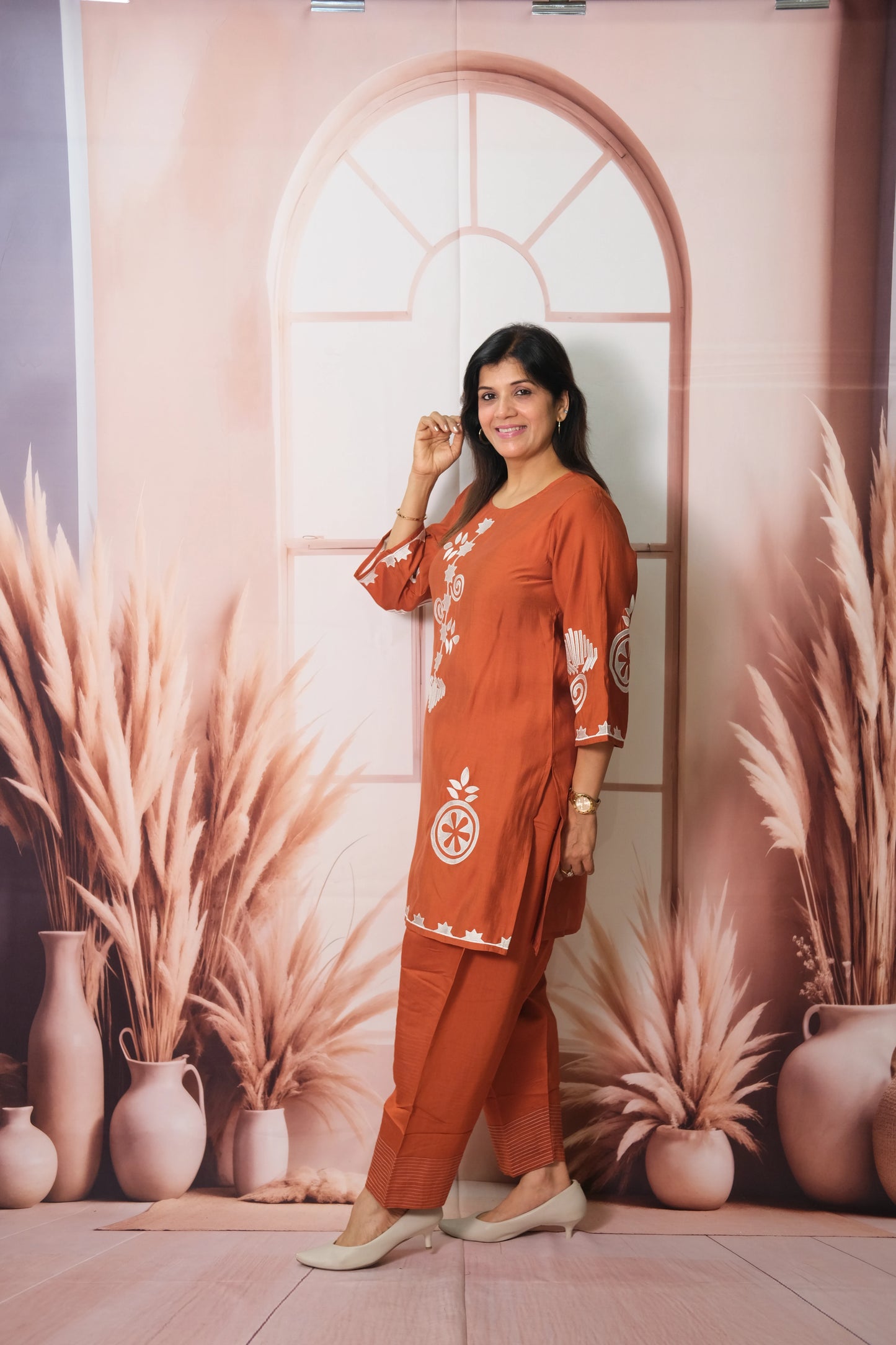 Rust Co-ord Set in Muslin with Embroidery – Graceful Festive Wear