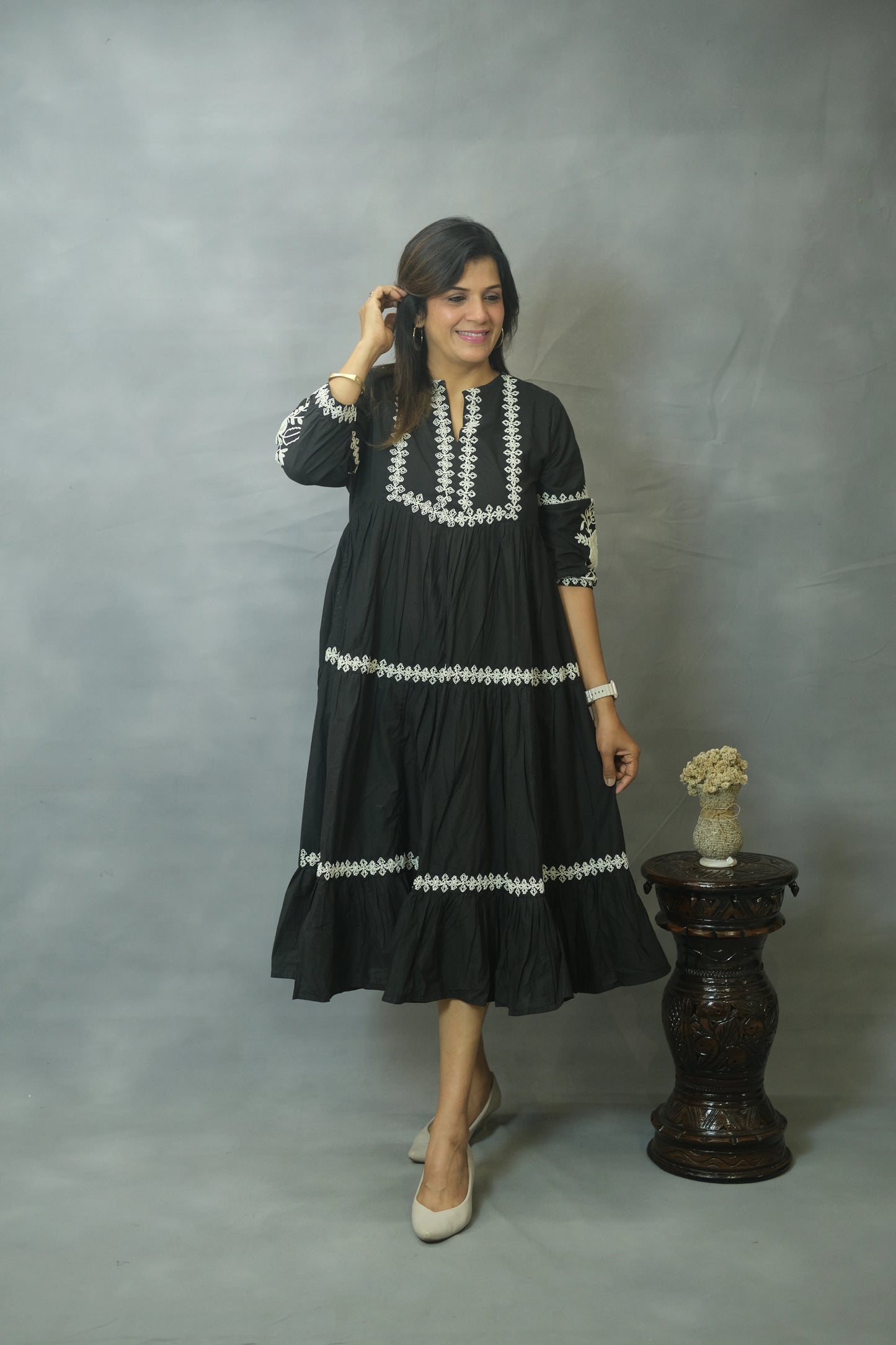 Black Embroidered One Piece with Pockets | Pure Cotton