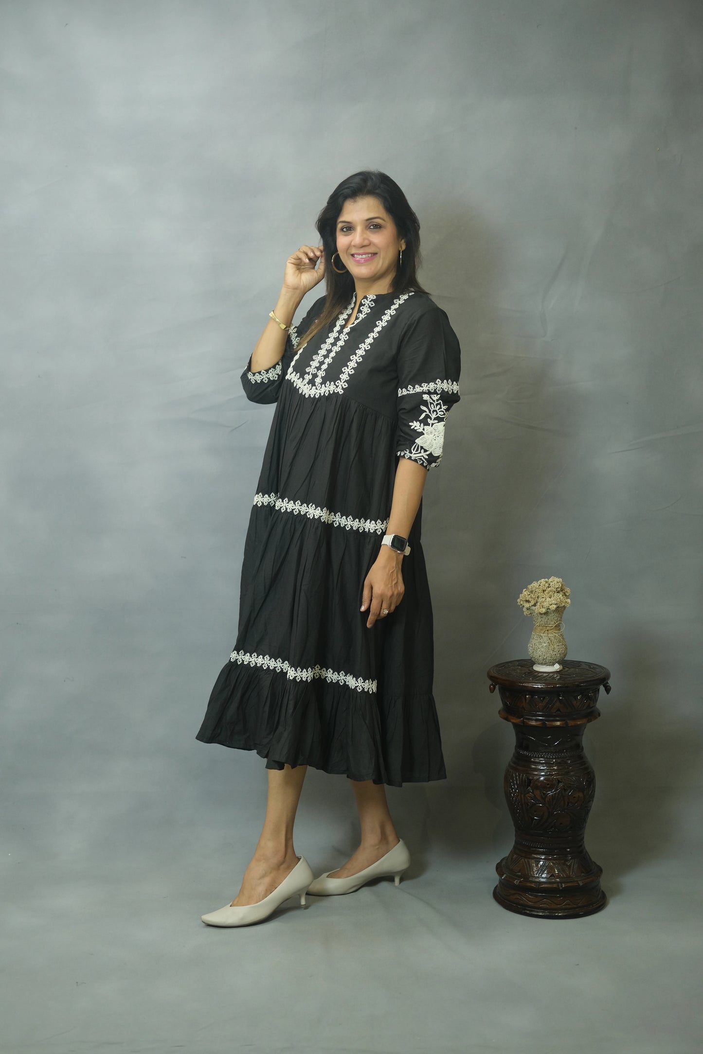 Black Embroidered One Piece with Pockets | Pure Cotton