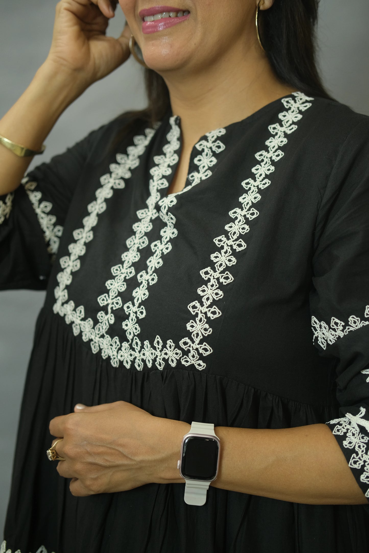 Black Embroidered One Piece with Pockets | Pure Cotton