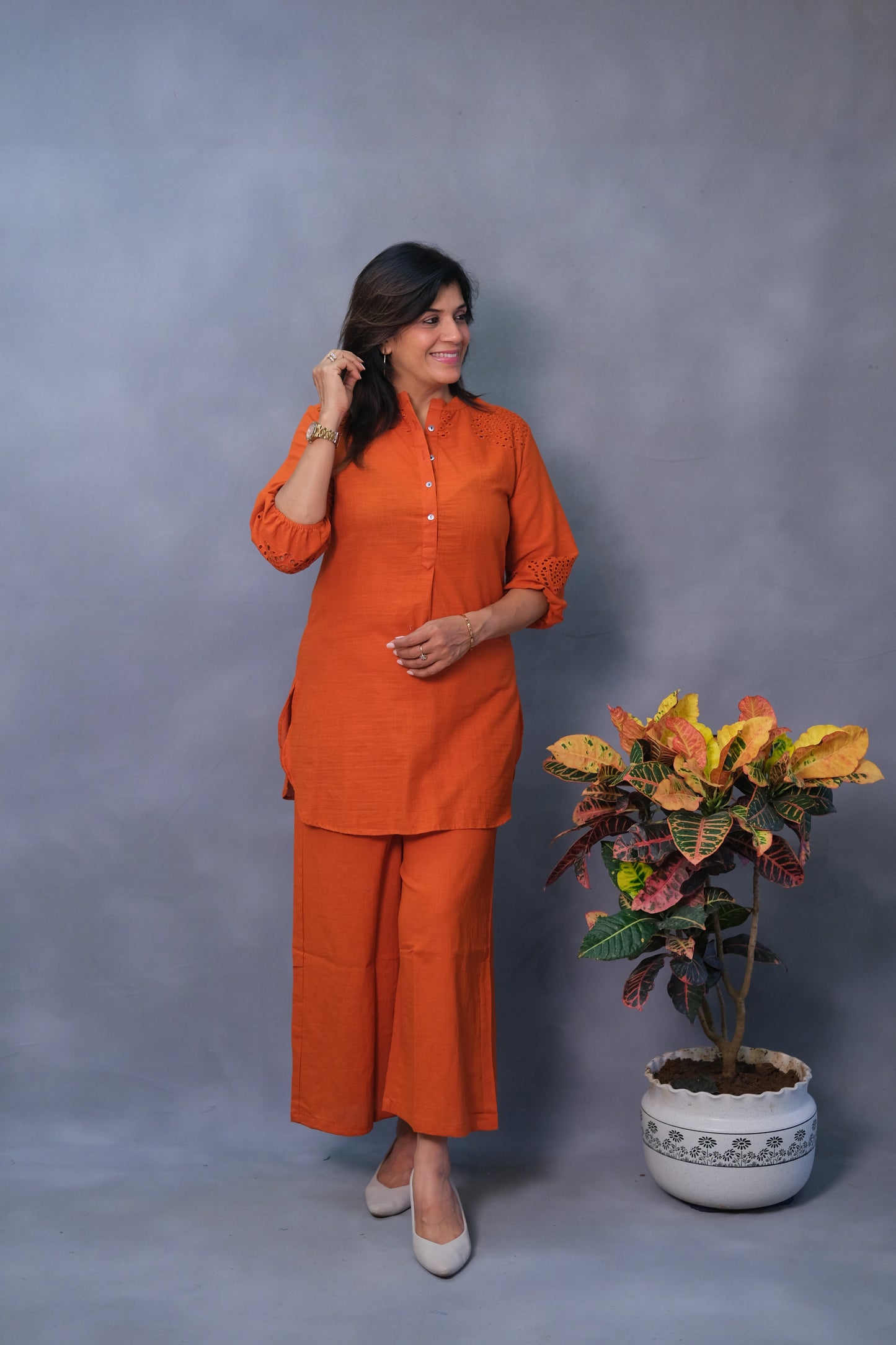 Rust Co-ord Set with Chikan Work – Khadi Cotton Elegance for Modern Women