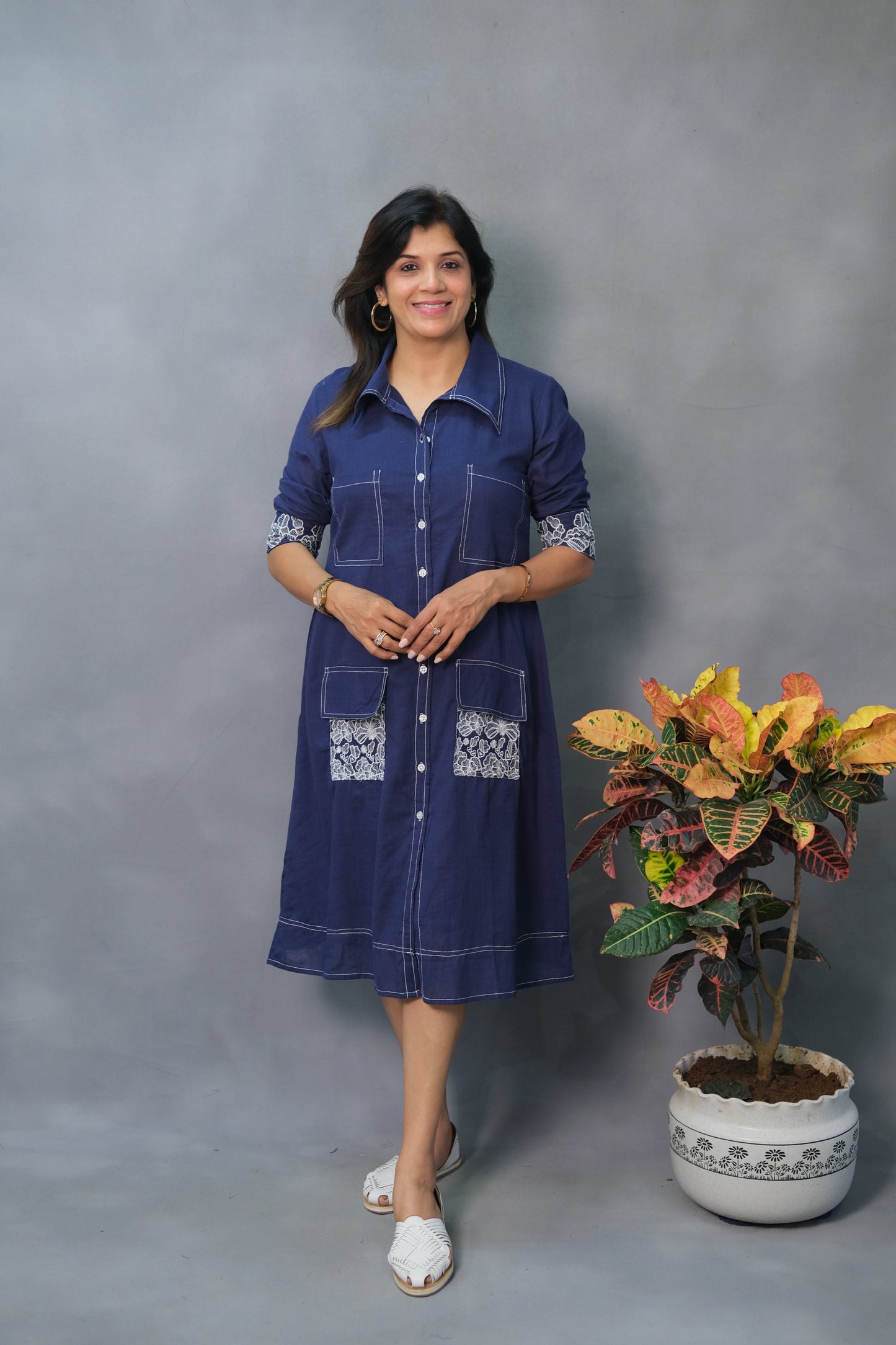 Denim Blue One Piece – Embroidered Cotton Dress for Effortless Everyday Elegance