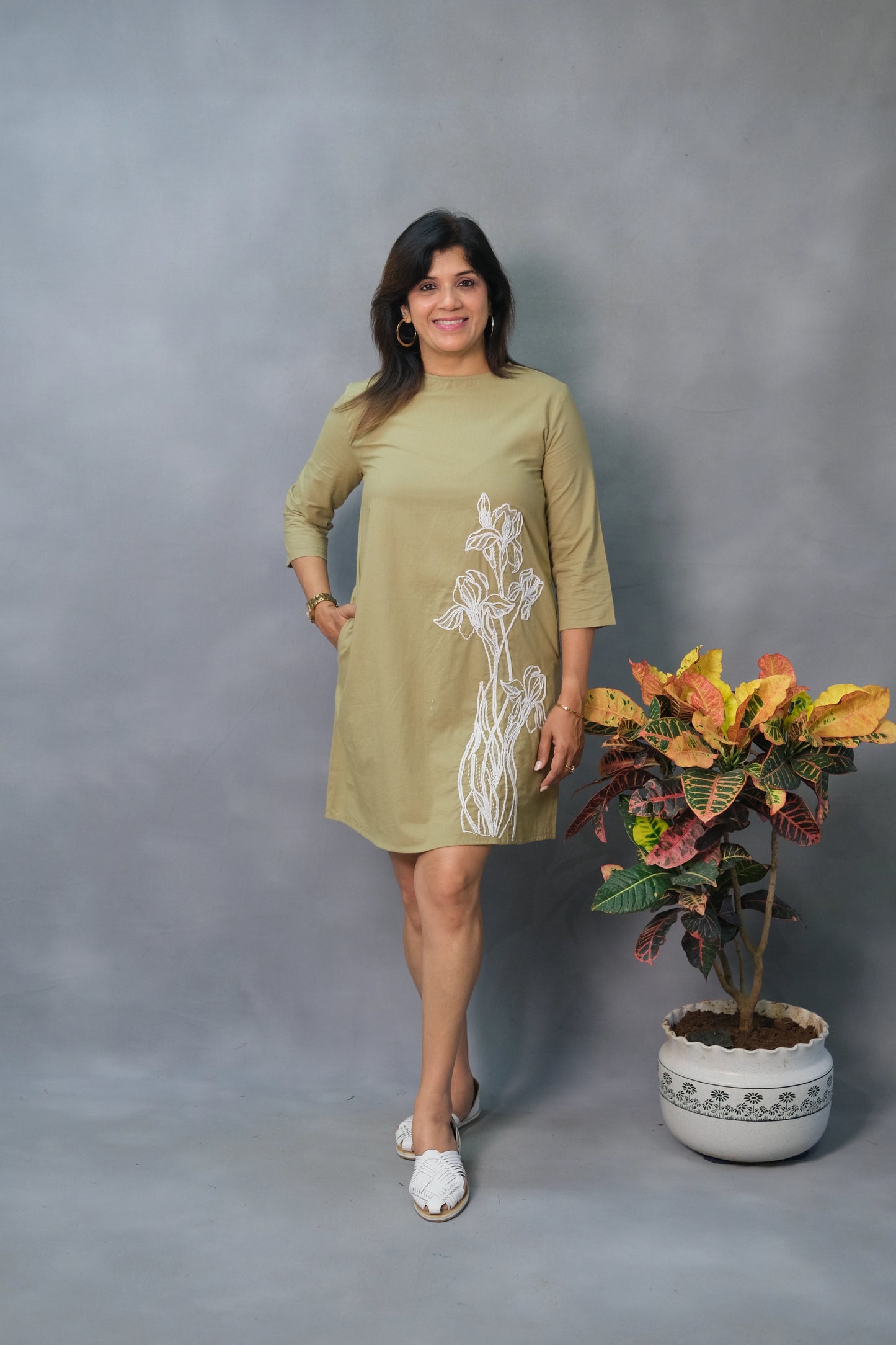 Khaki Knee Length One Piece – Embroidered Soft Cotton Dress for Bold Elegance