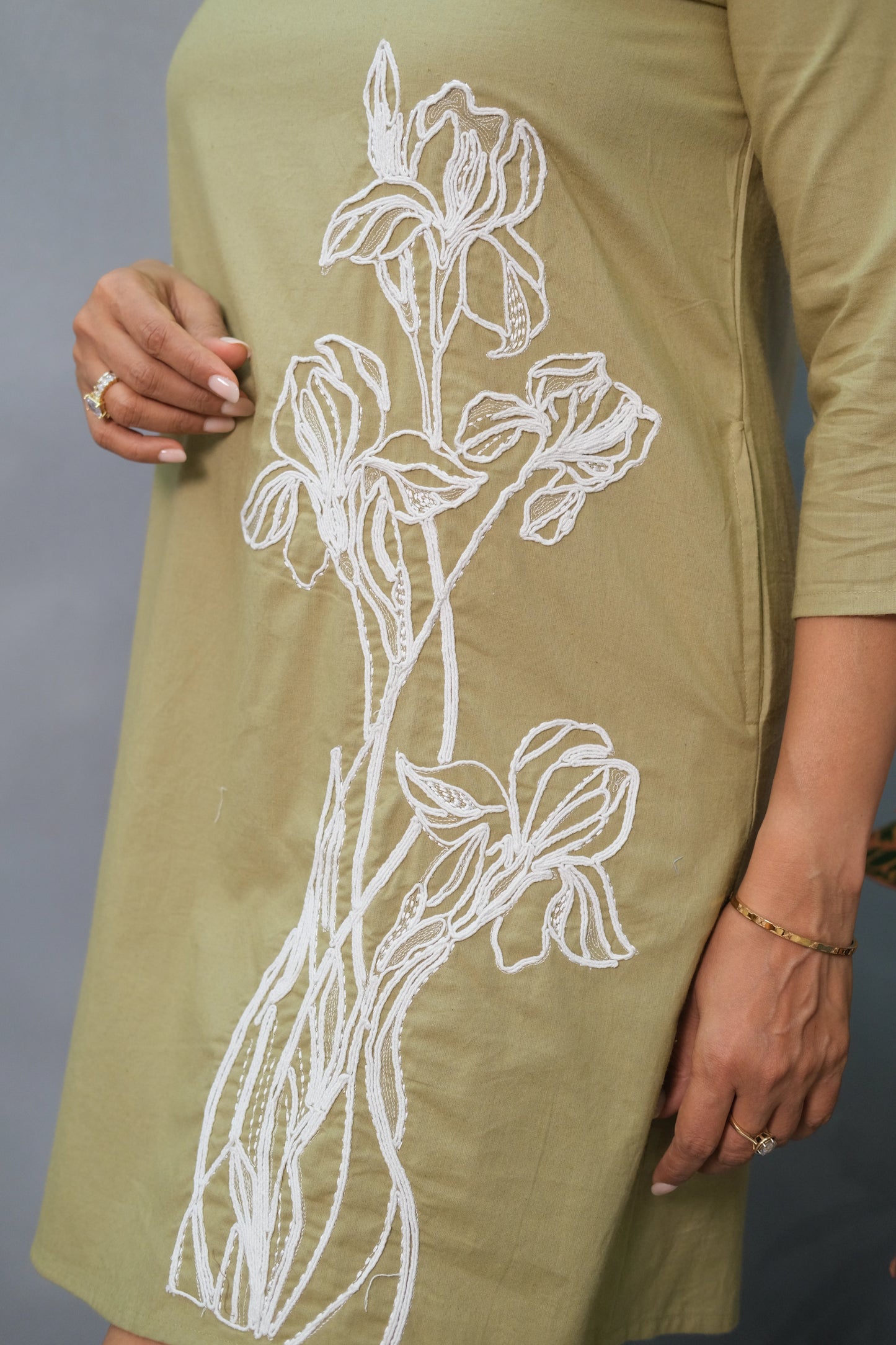 Khaki Knee Length One Piece – Embroidered Soft Cotton Dress for Bold Elegance