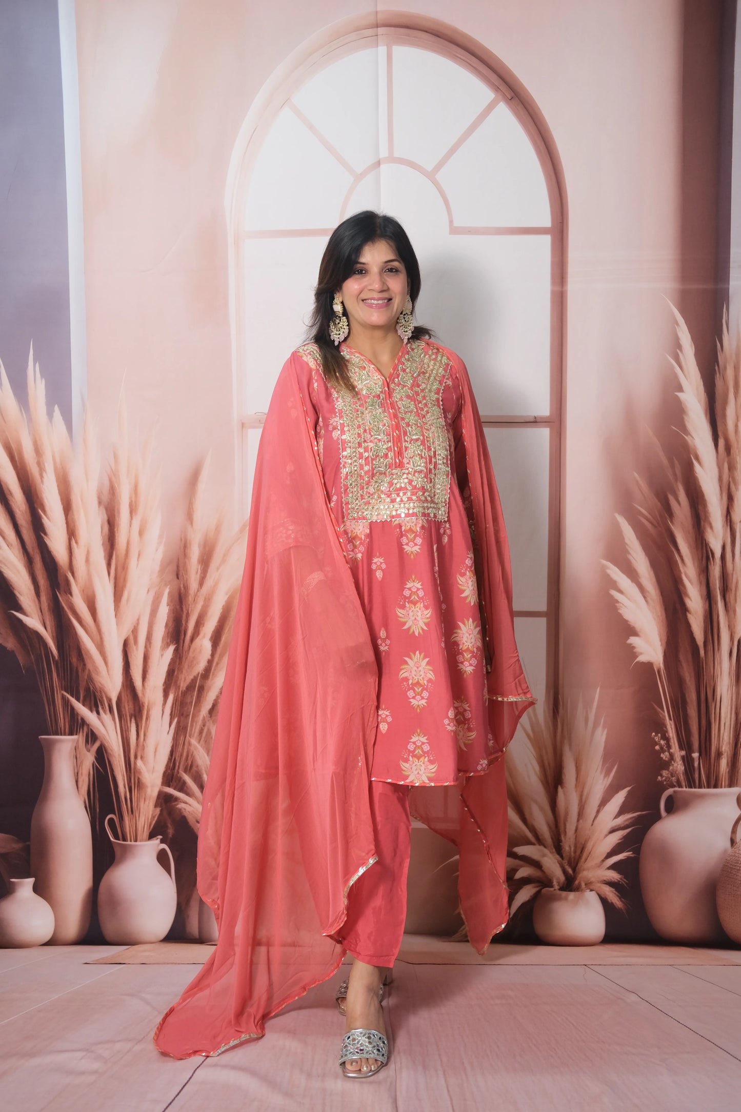 Dark Peach Mul Chanderi Knee-Length Short Anarkali with Gota Patti Work