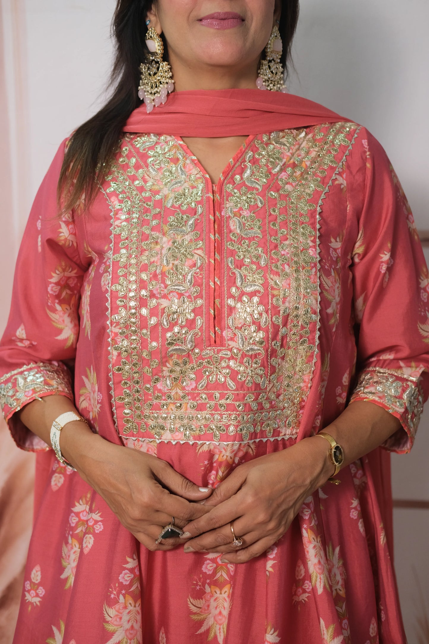 Dark Peach Mul Chanderi Knee-Length Short Anarkali with Gota Patti Work