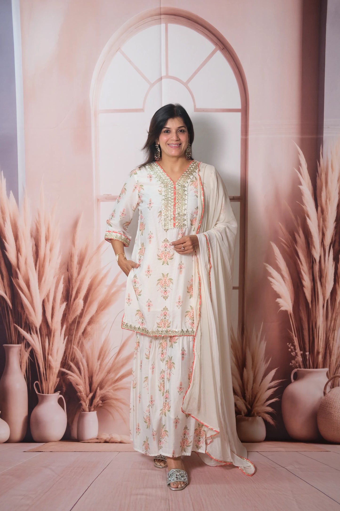 White Mul Chanderi Knee-Length Sharara Suit with Gota Patti Work
