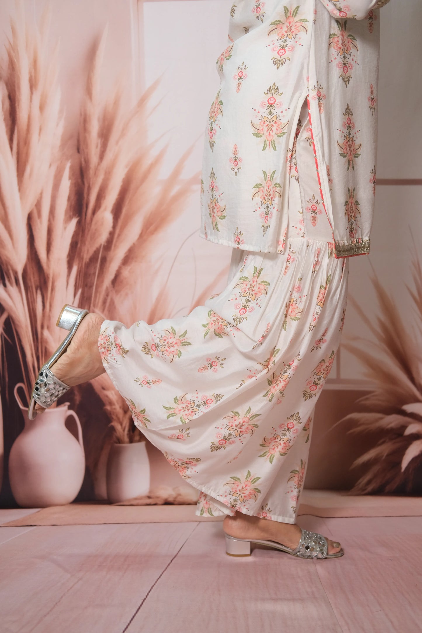 White Mul Chanderi Knee-Length Sharara Suit with Gota Patti Work