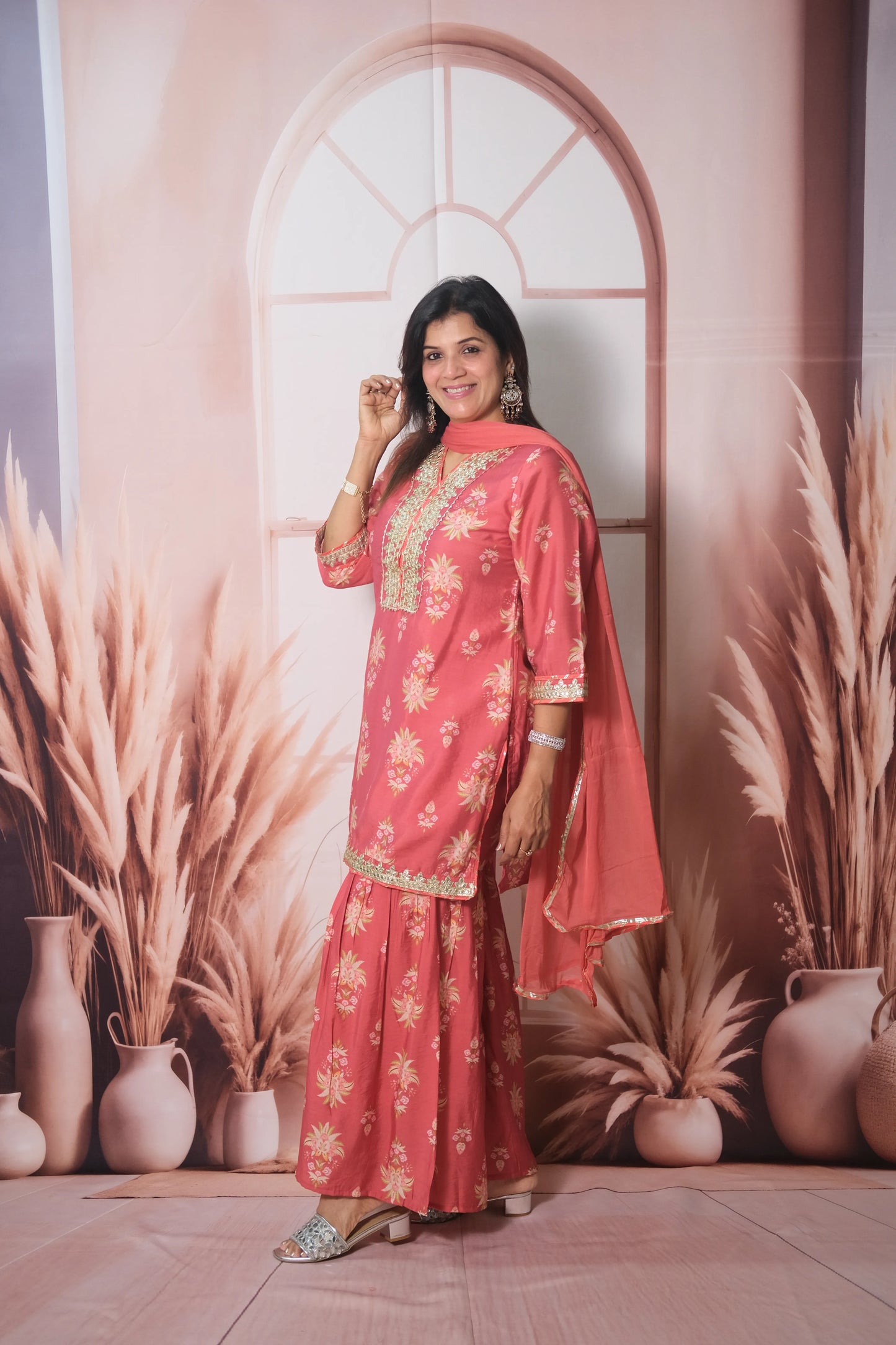 Dark Peach Mul Chanderi Knee-Length Sharara Suit with Gota Patti Work