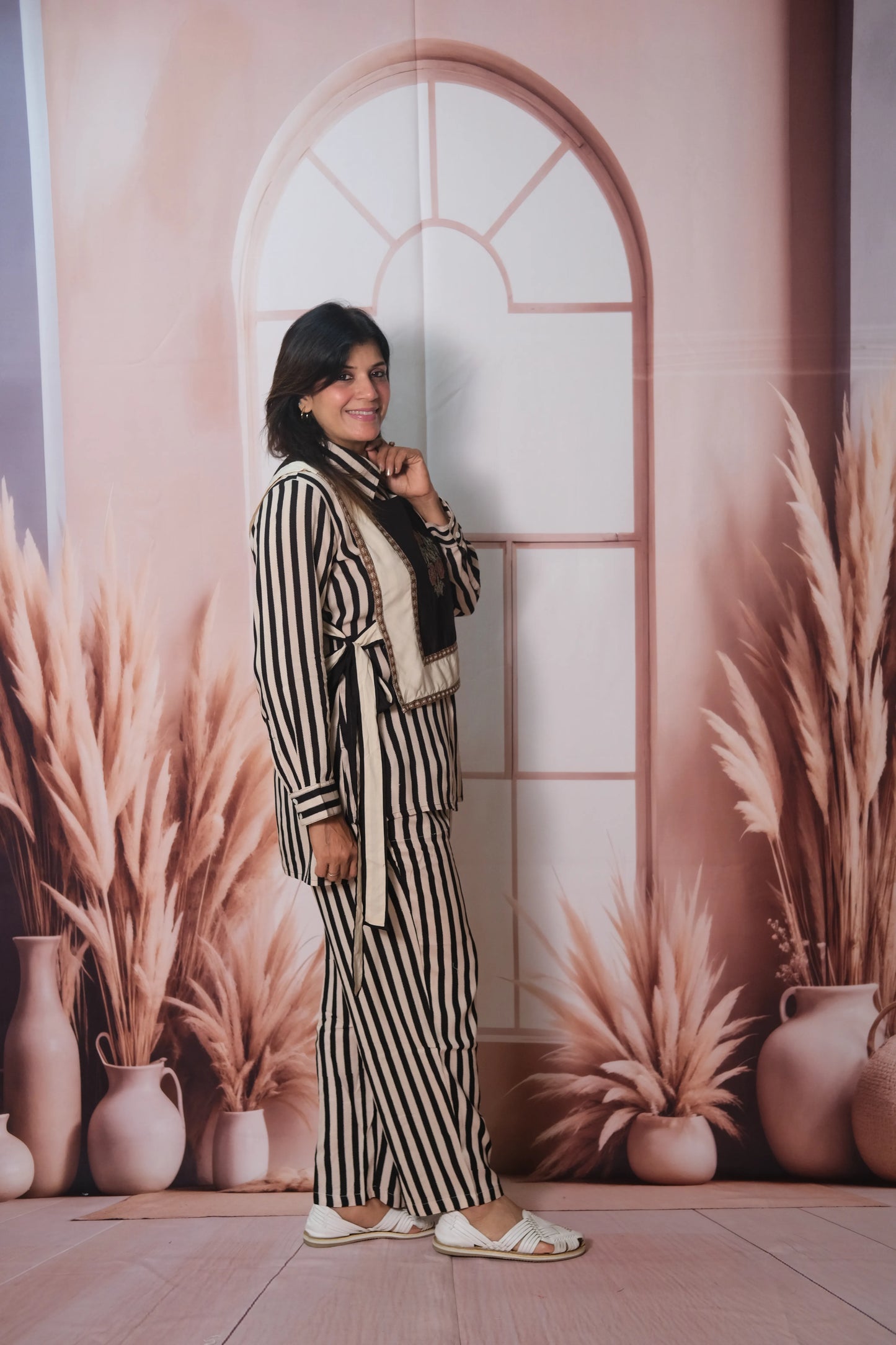 3 Piece Stripe Printed Rayon Co-ord Set with Jacket & Embroidery