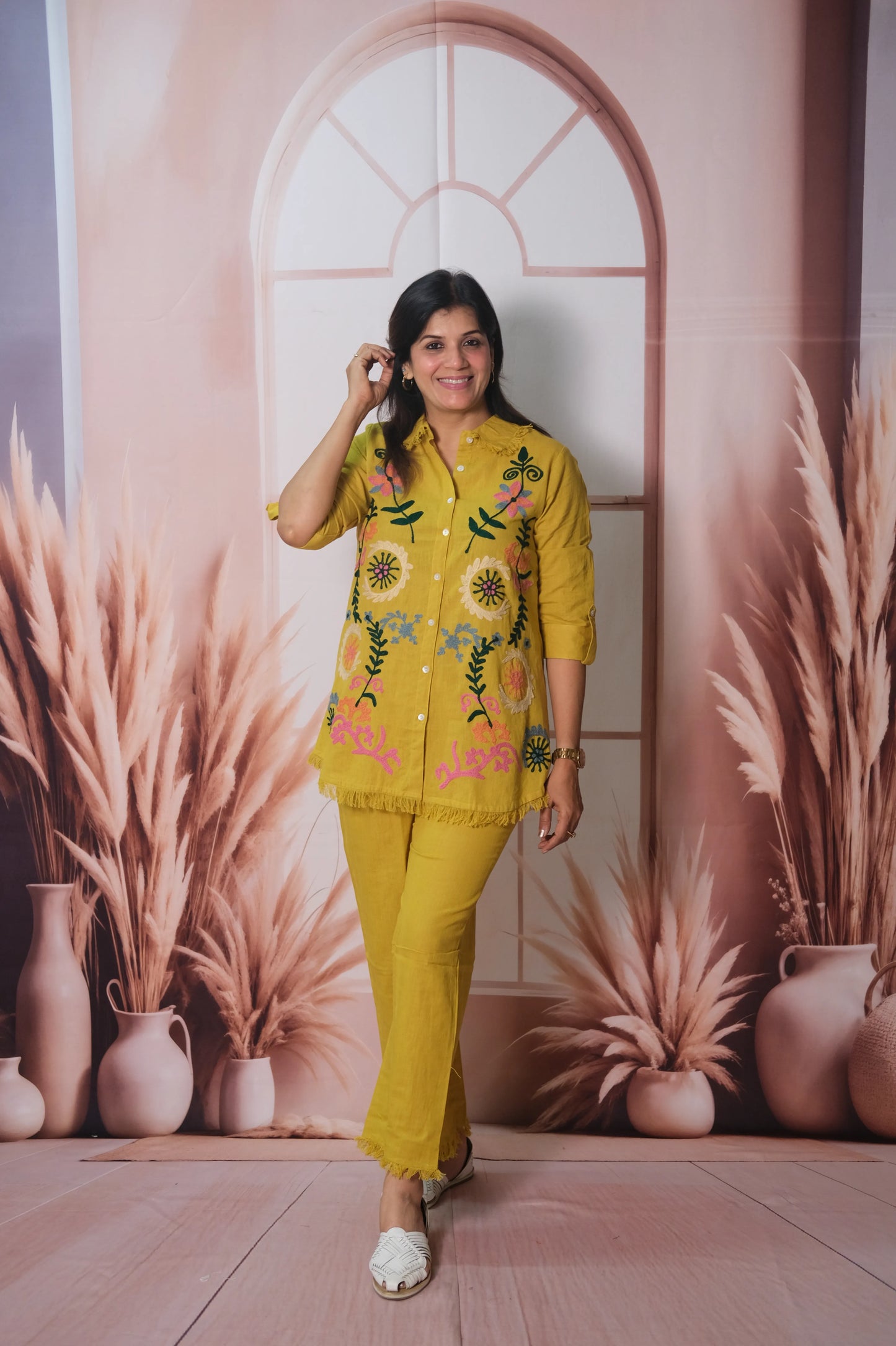 Yellow Flex Cotton Co-ord Set with Thread Embroidery | Stylish Ethnic Wear for Women