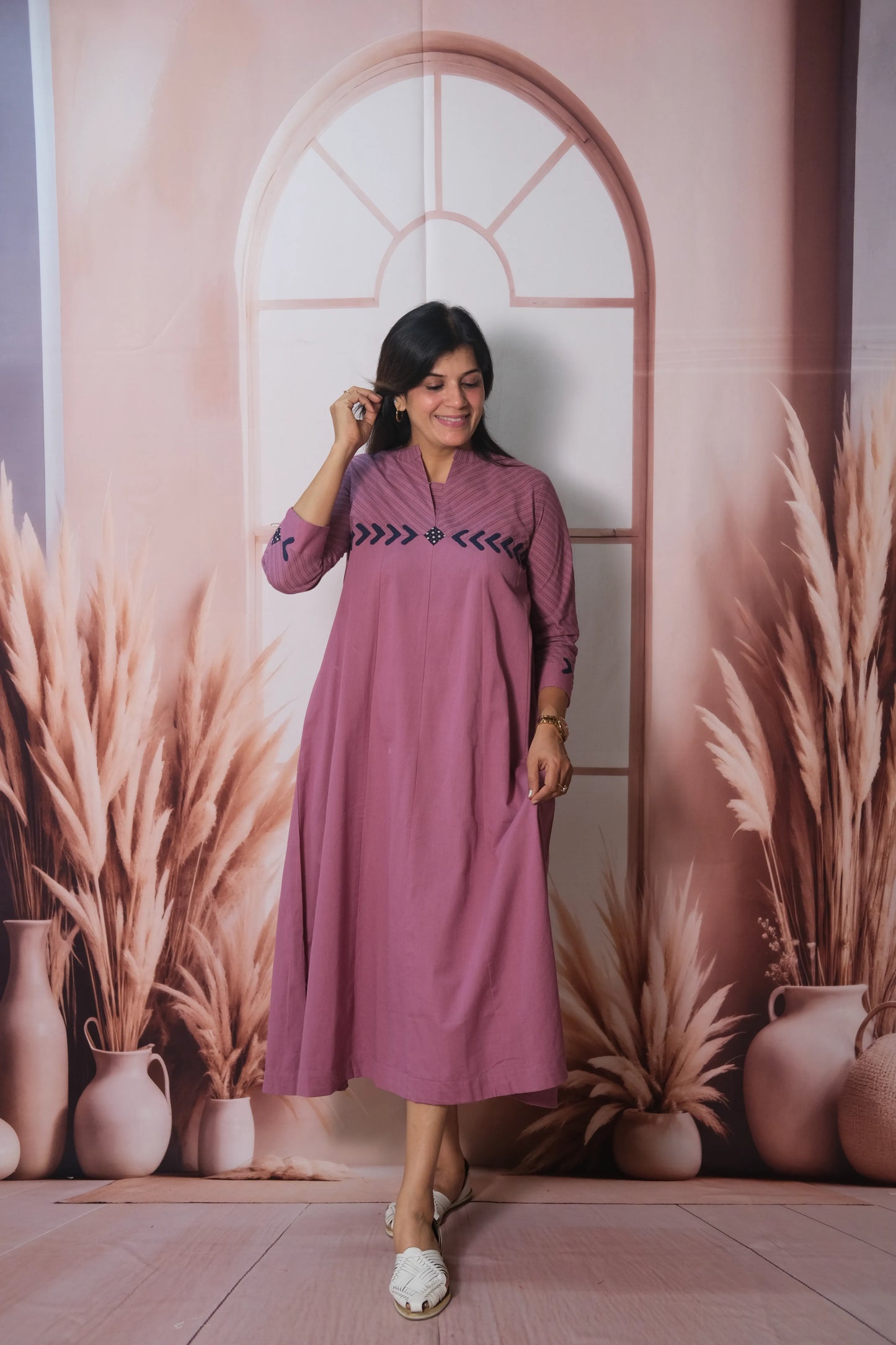 Plum One Piece Dress in Cotton with Applique Work