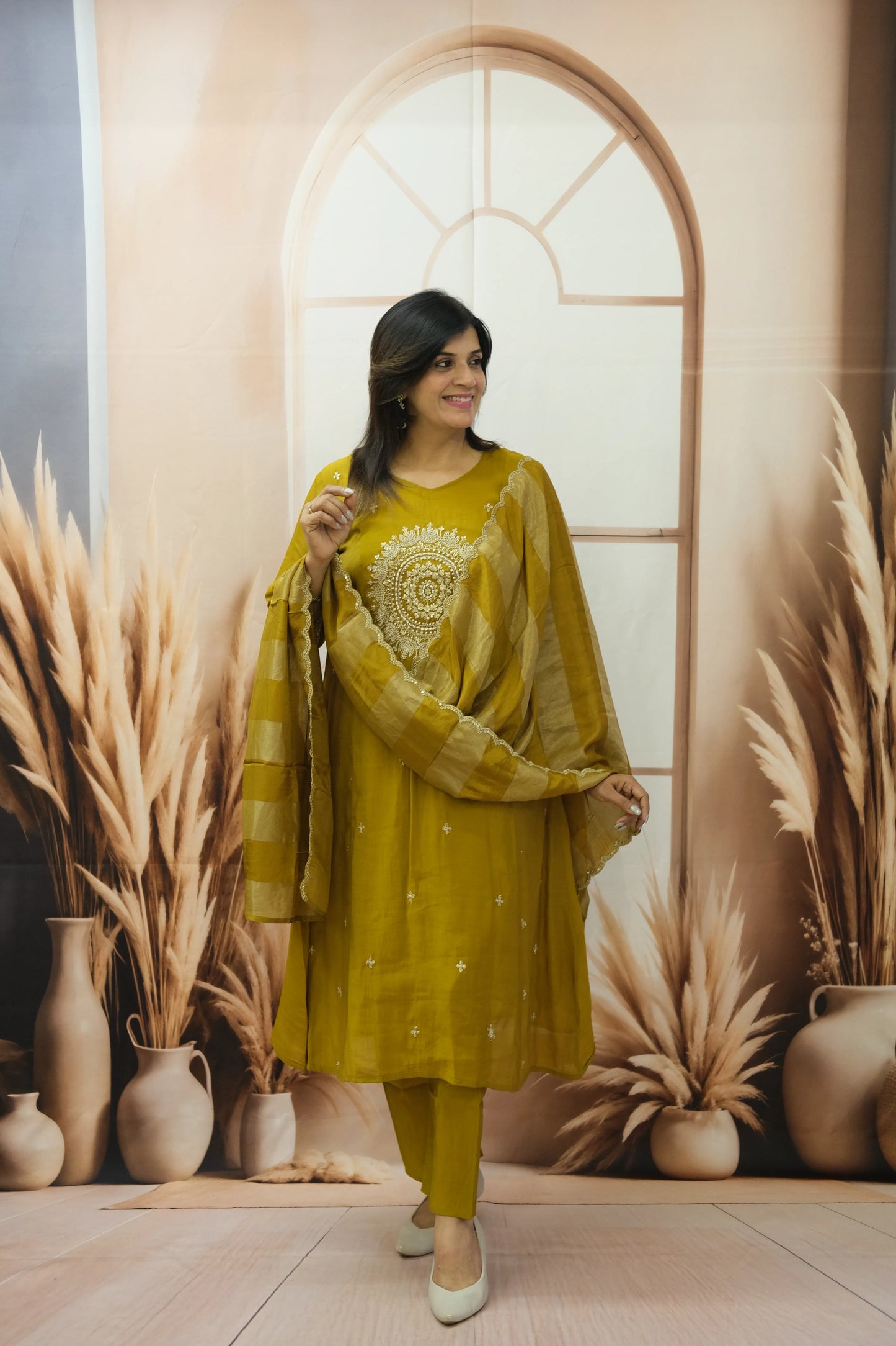Golden Brown Mul Chanderi Kurta Dupatta Set with Pearl & Sequin Embroidery