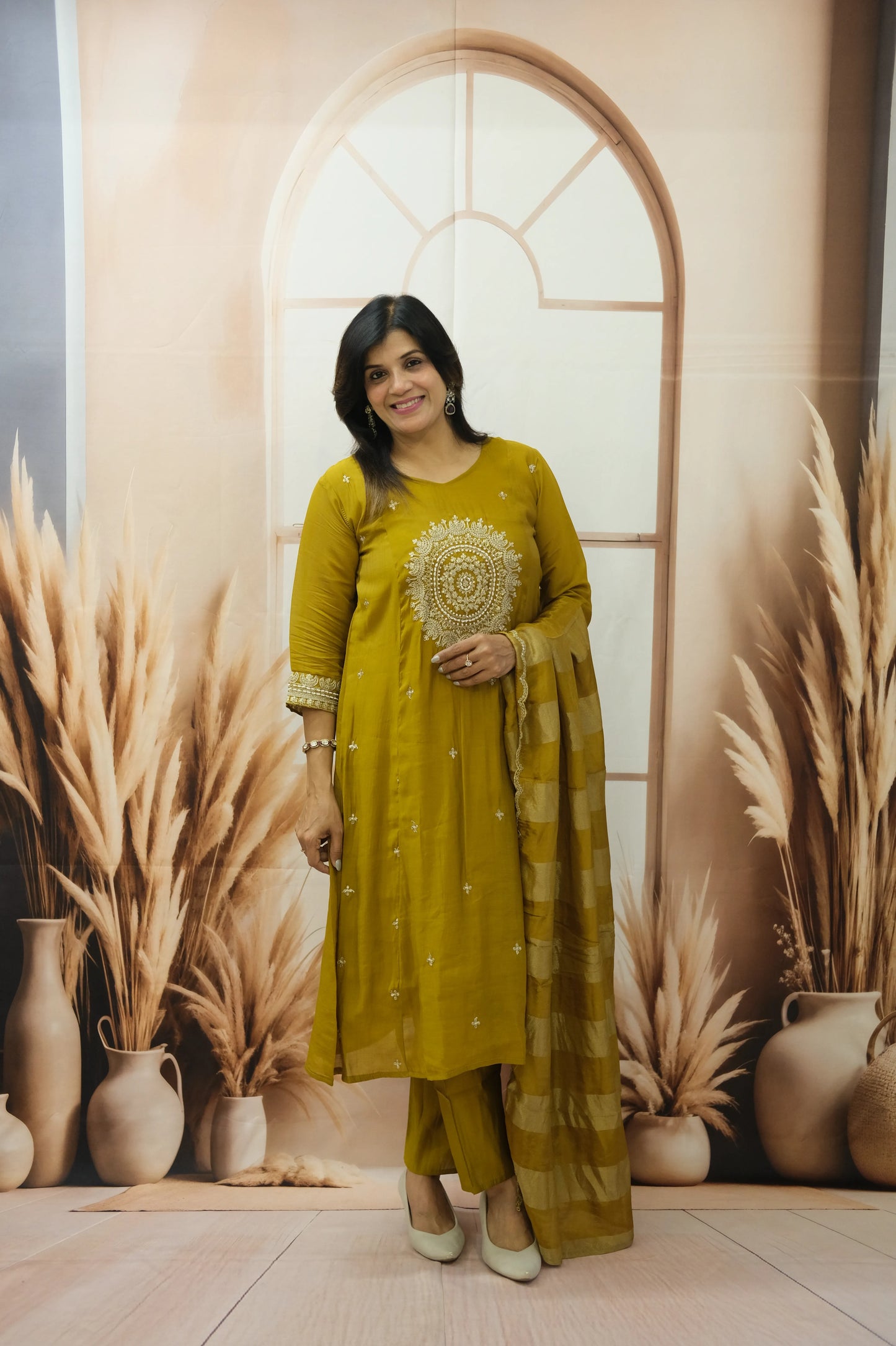 Golden Brown Mul Chanderi Kurta Dupatta Set with Pearl & Sequin Embroidery