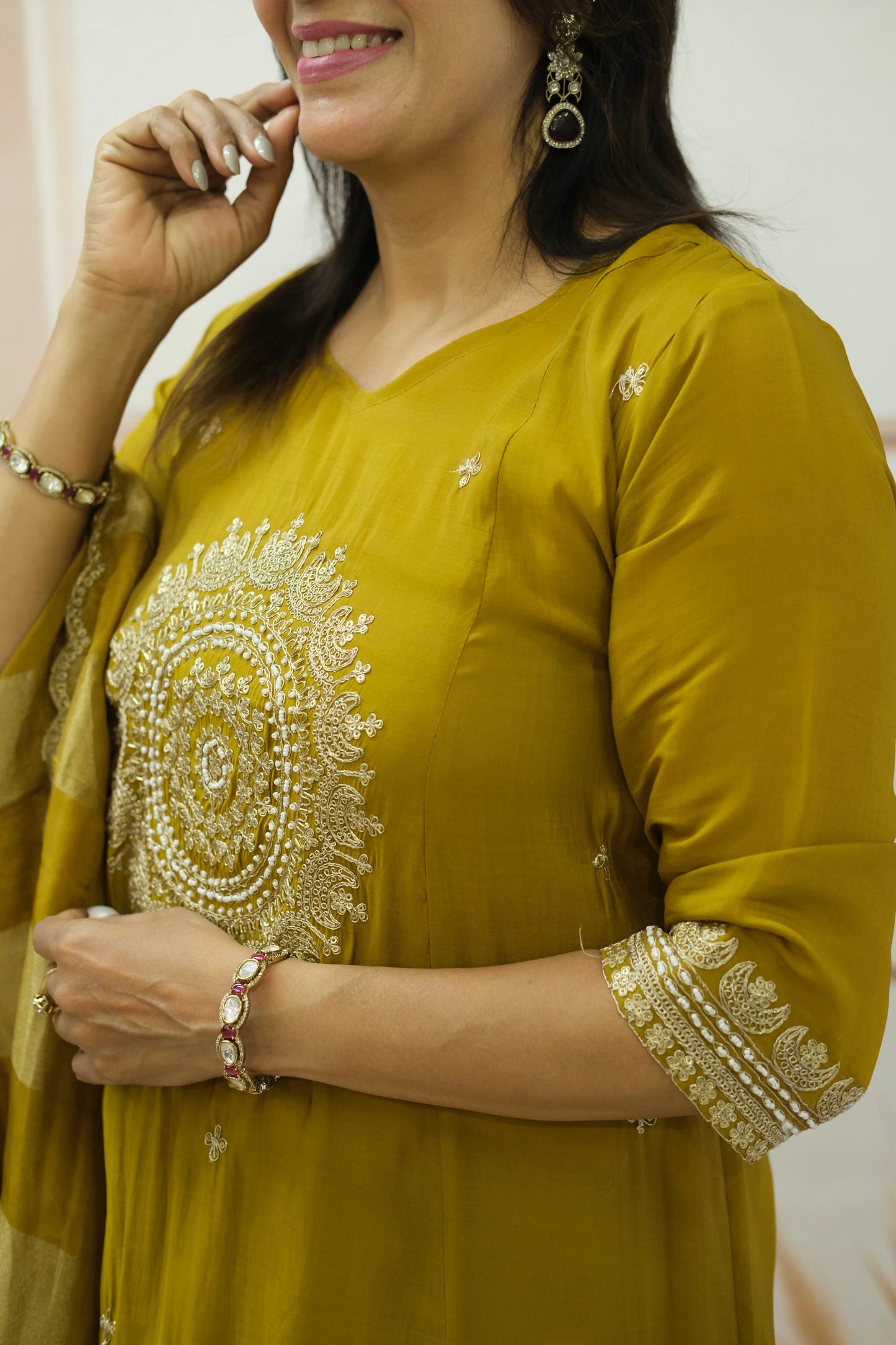 Golden Brown Mul Chanderi Kurta Dupatta Set with Pearl & Sequin Embroidery