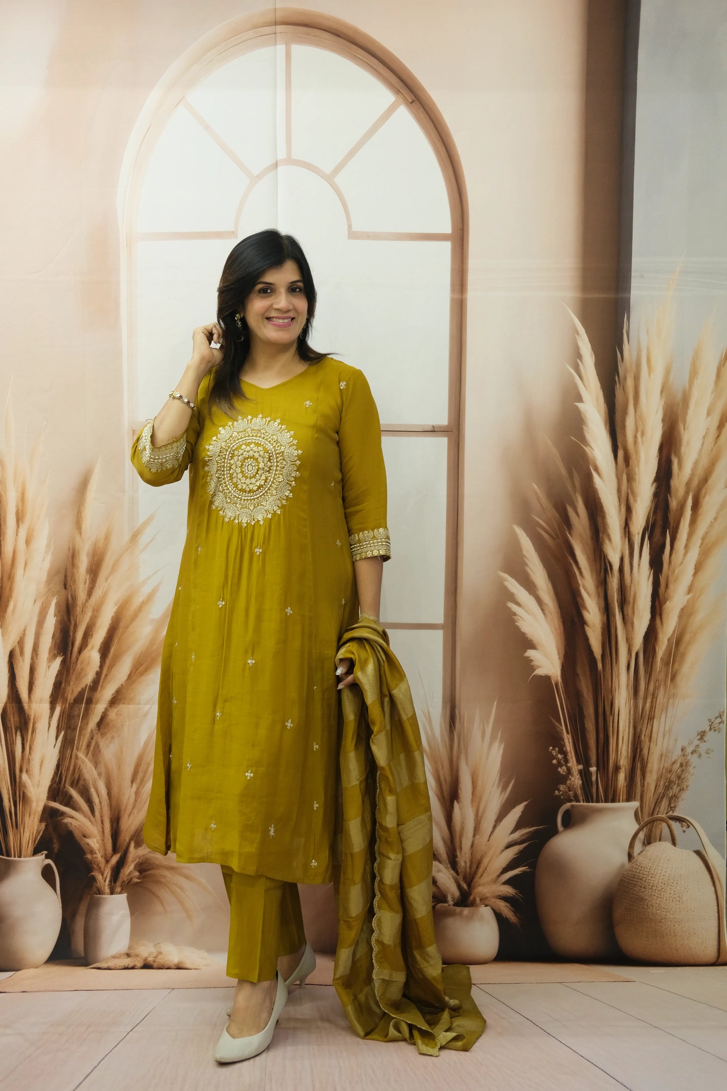 Golden Brown Mul Chanderi Kurta Dupatta Set with Pearl & Sequin Embroidery