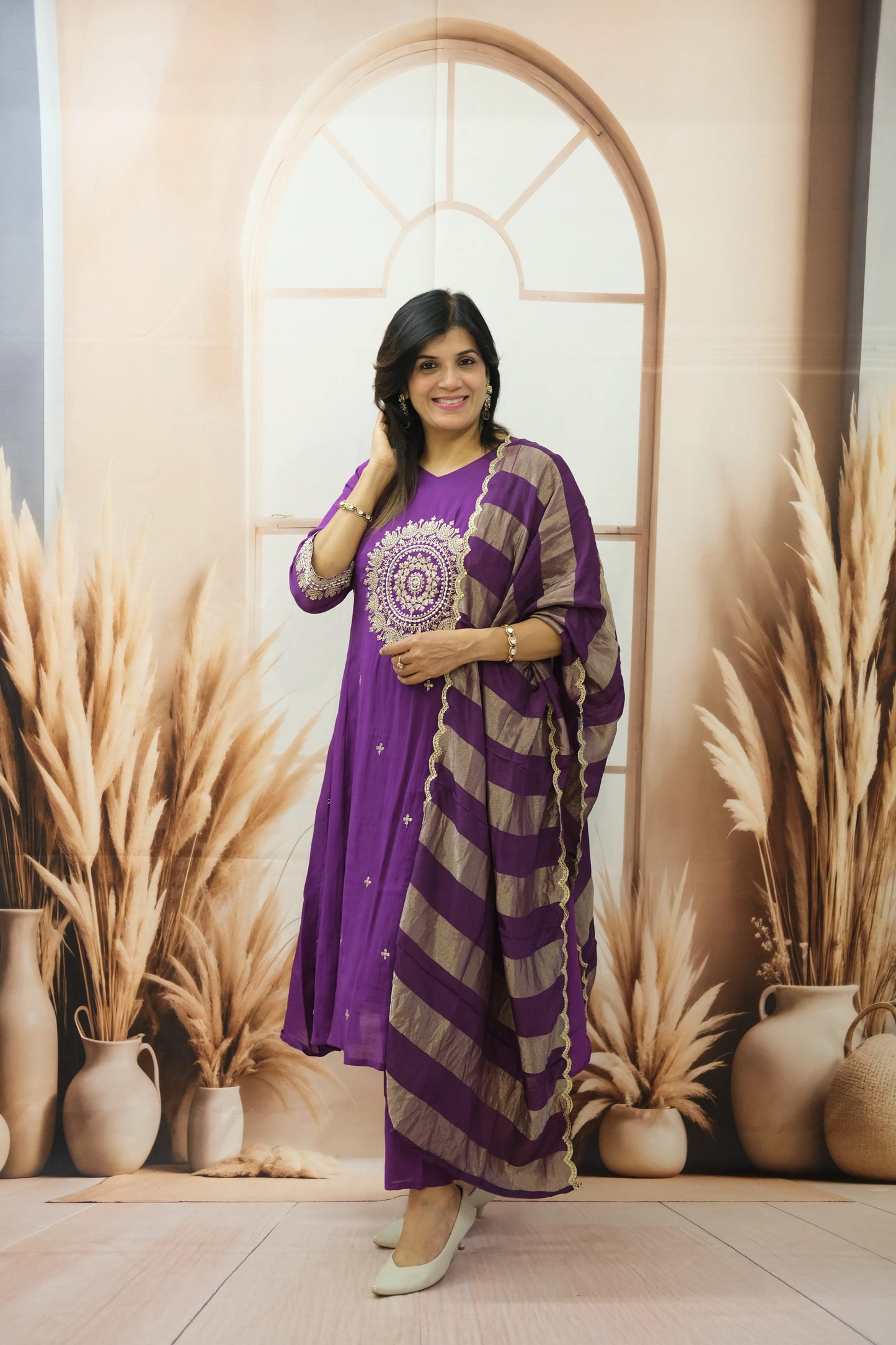 Royal Purple Mul Chanderi Kurta Dupatta Set with Pearl & Sequin Embroidery