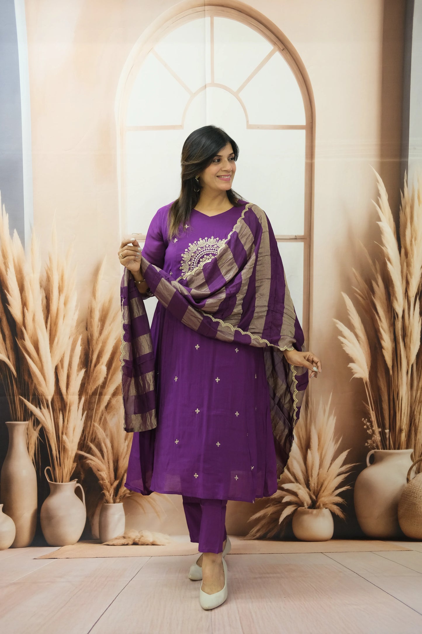 Royal Purple Mul Chanderi Kurta Dupatta Set with Pearl & Sequin Embroidery
