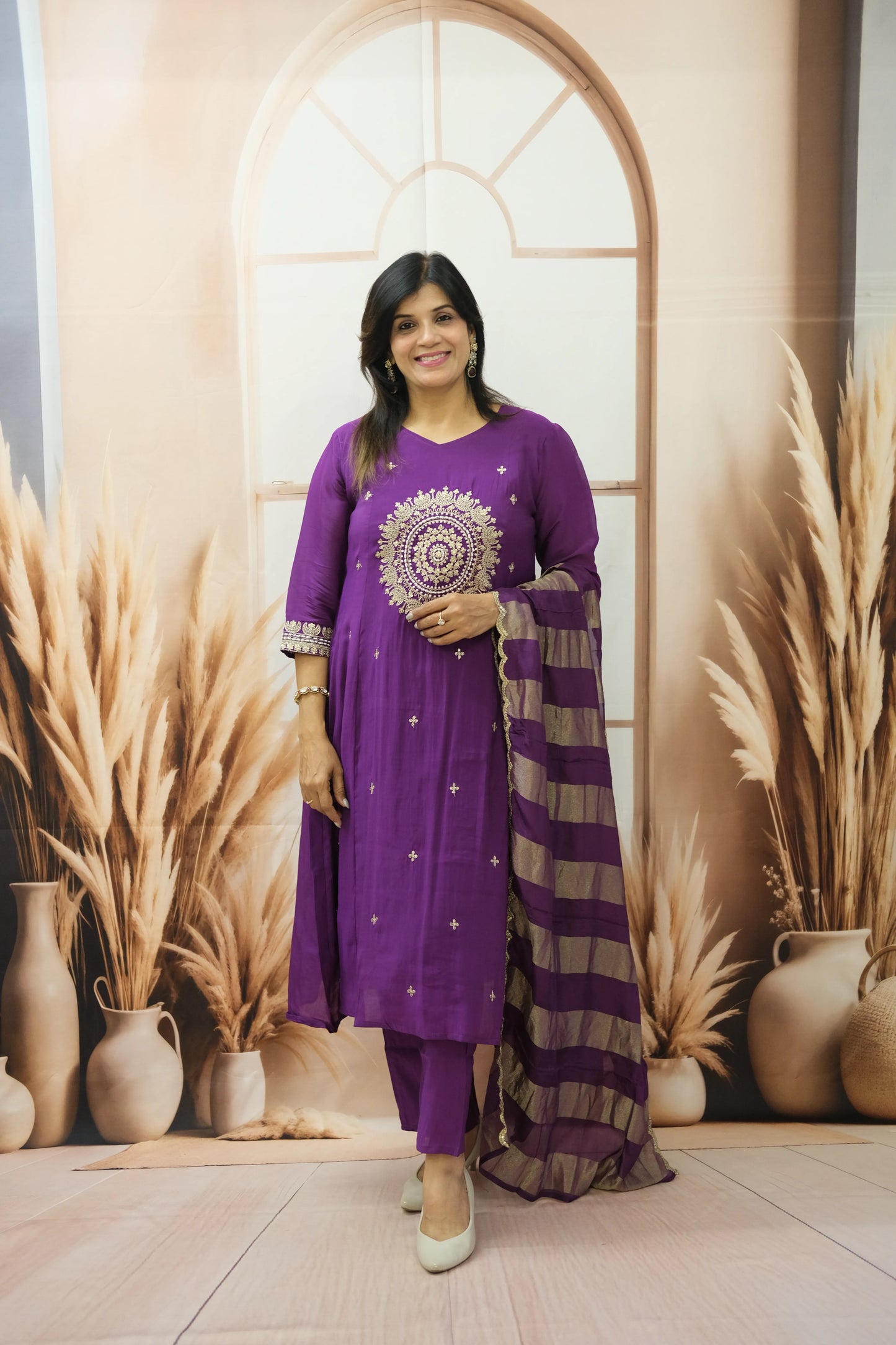 Royal Purple Mul Chanderi Kurta Dupatta Set with Pearl & Sequin Embroidery
