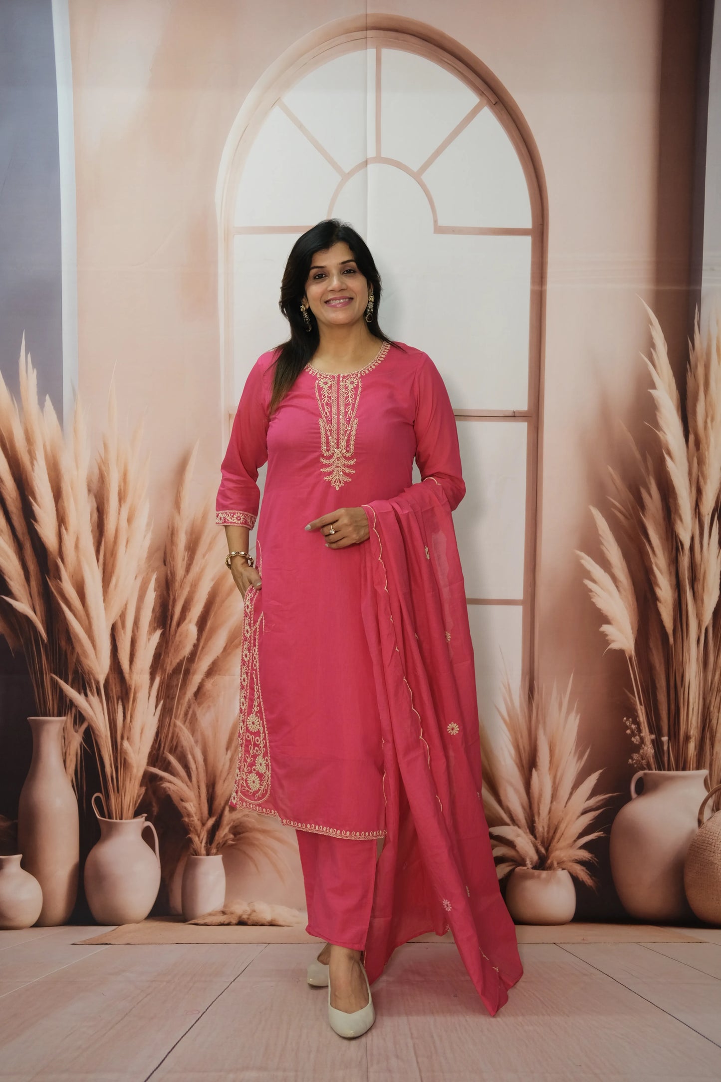 Barbie Pink Mul Chanderi Kurta Dupatta Set with Thread Embroidery