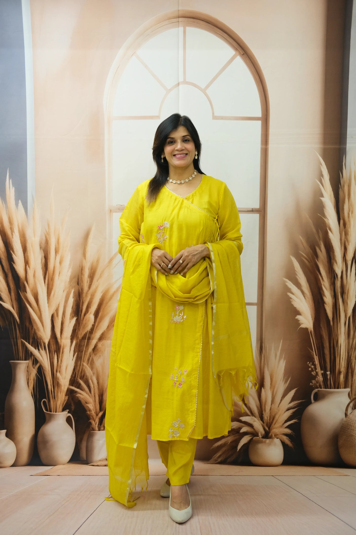 Sunshine Yellow Mul Chanderi Angrakha Style Dupatta Set with Pearl Embroidery
