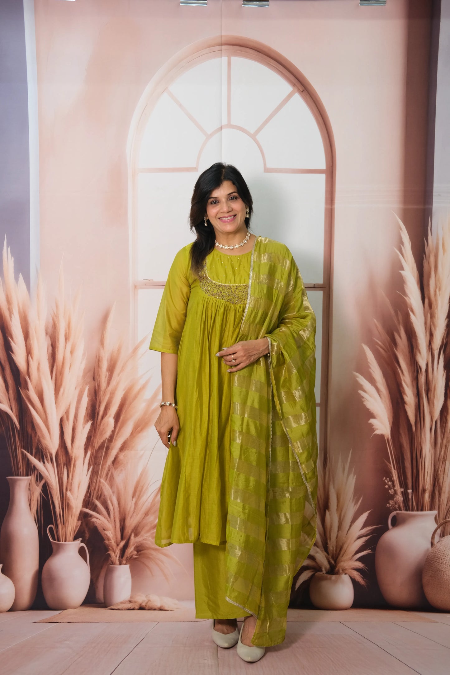 Muted Green Mul Chanderi A-Line Kurta Dupatta Set with Pearl Work