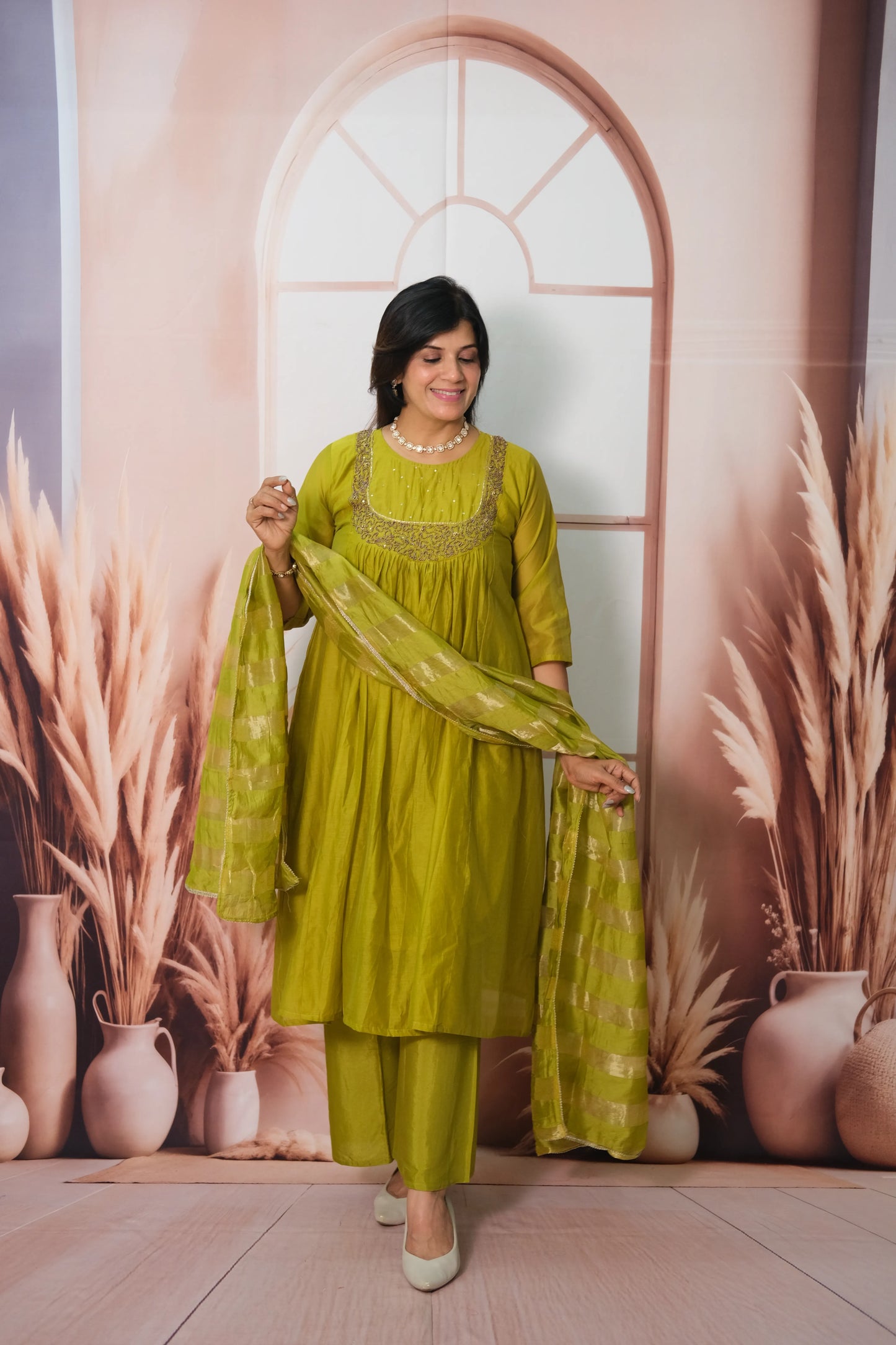 Muted Green Mul Chanderi A-Line Kurta Dupatta Set with Pearl Work