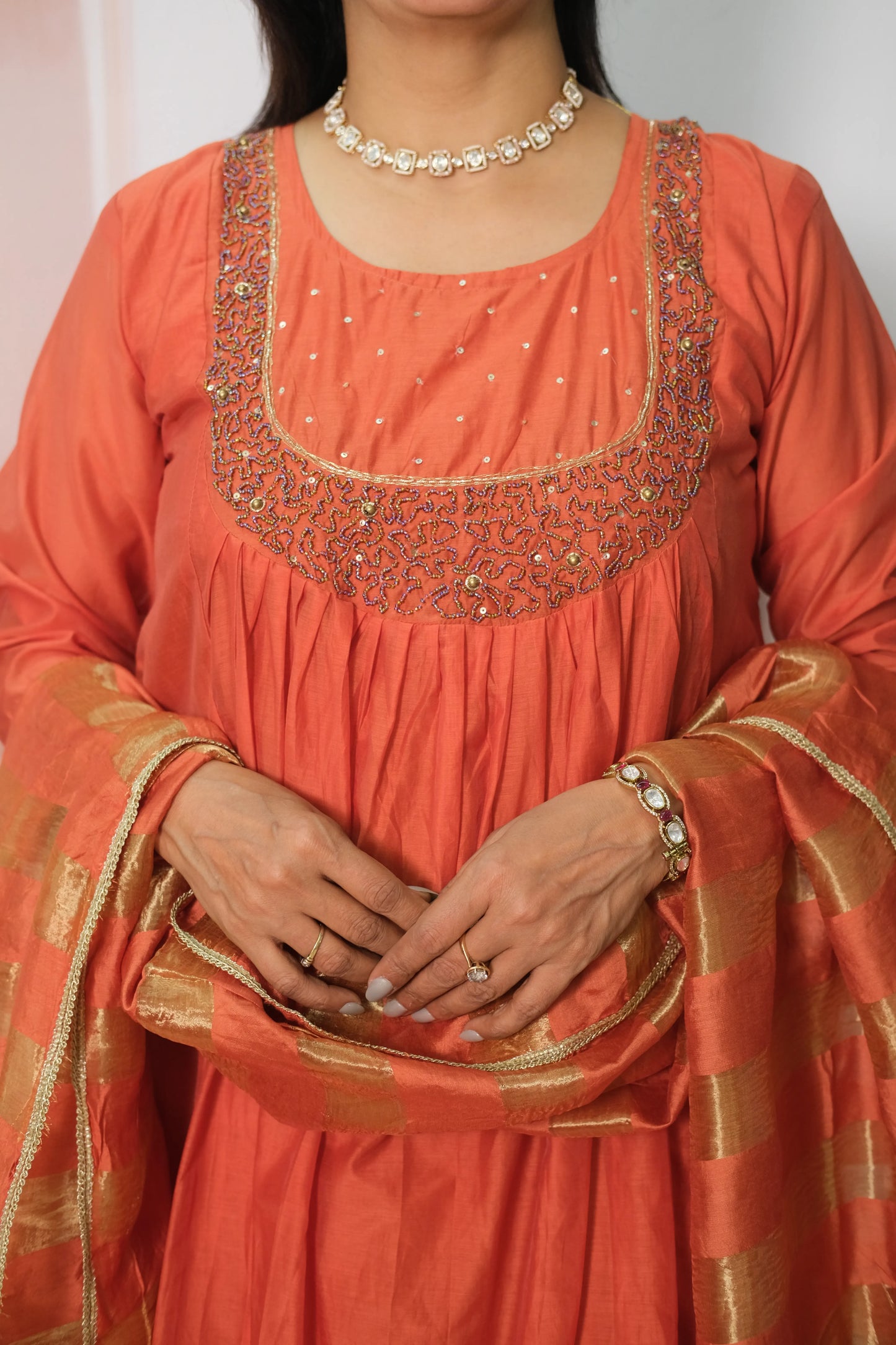Terracotta Mul Chanderi A-Line Kurta Dupatta Set with Pearl Work