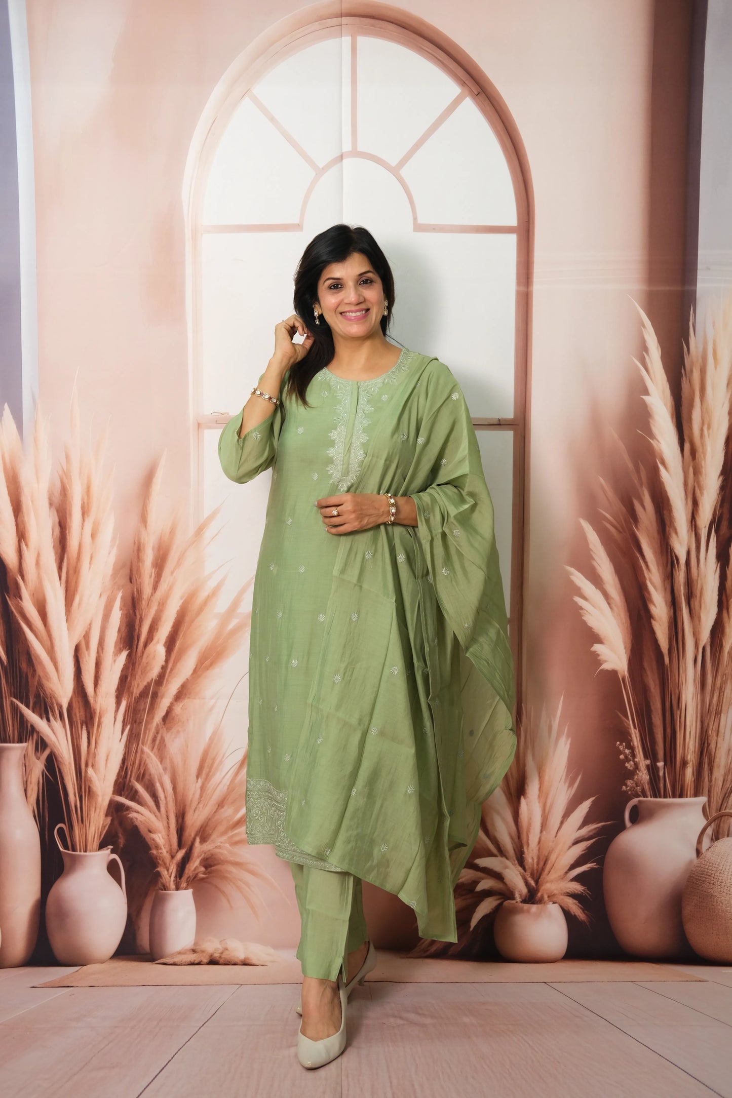 Pastel Green Mul Chanderi Kurta Dupatta Set with Thread Embroidery