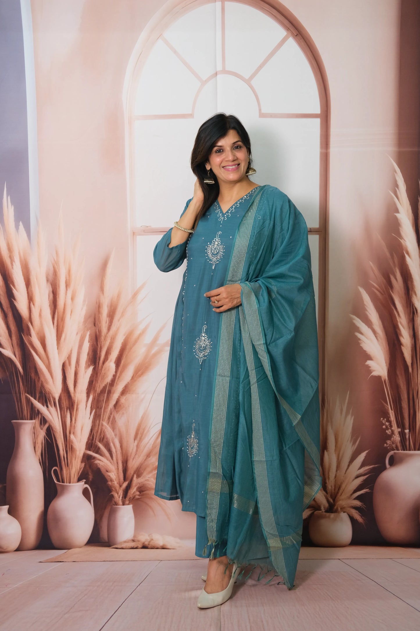 Rama Green Mul Chanderi Anarkali Dupatta Set with Pearl Embroidery