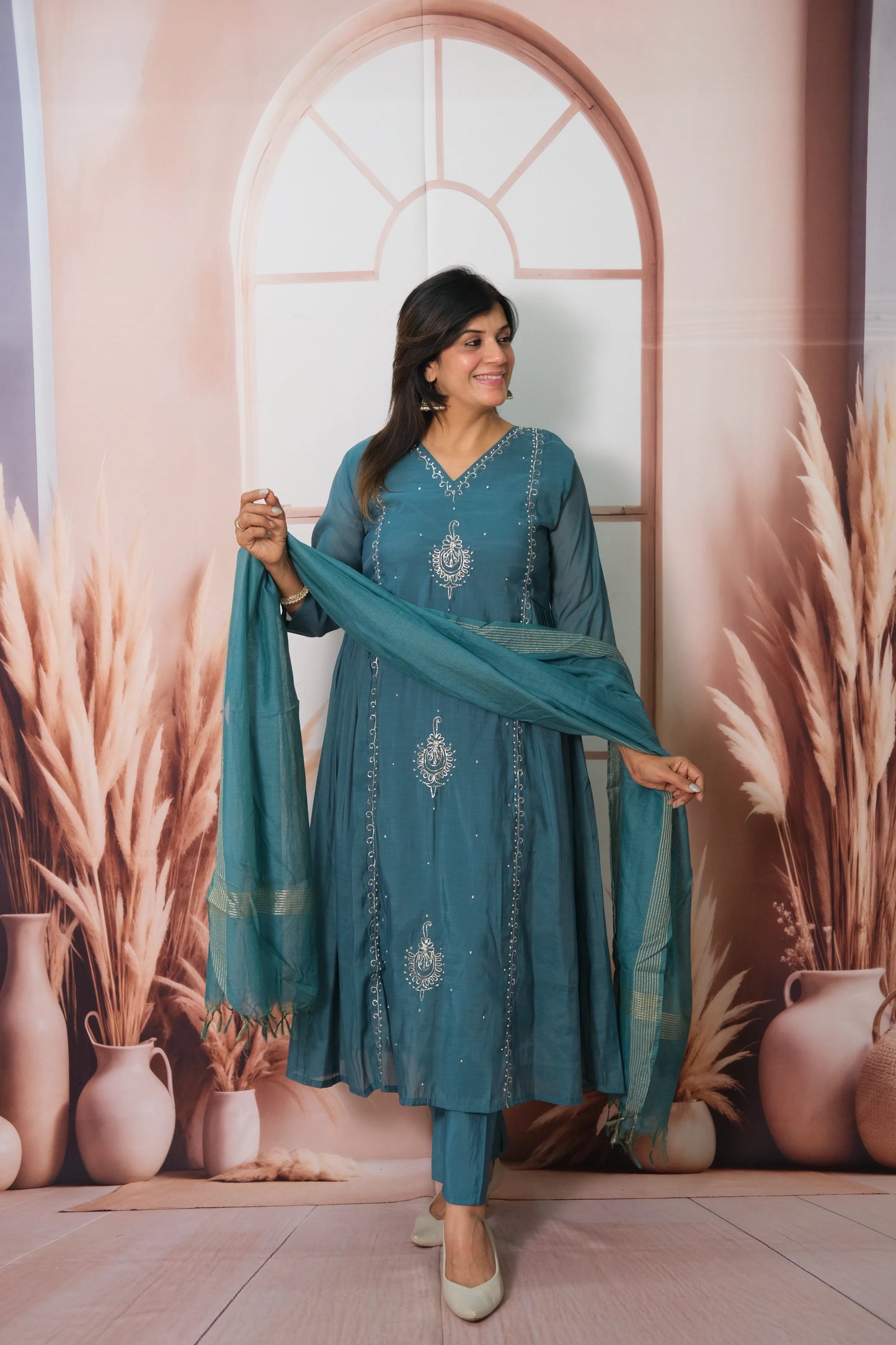 Rama Green Mul Chanderi Anarkali Dupatta Set with Pearl Embroidery