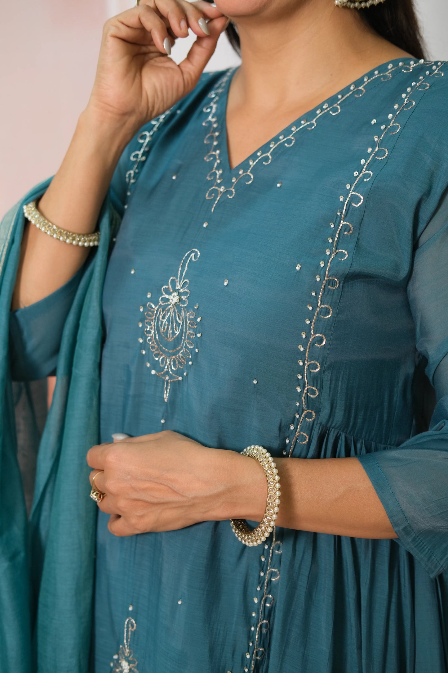 Rama Green Mul Chanderi Anarkali Dupatta Set with Pearl Embroidery