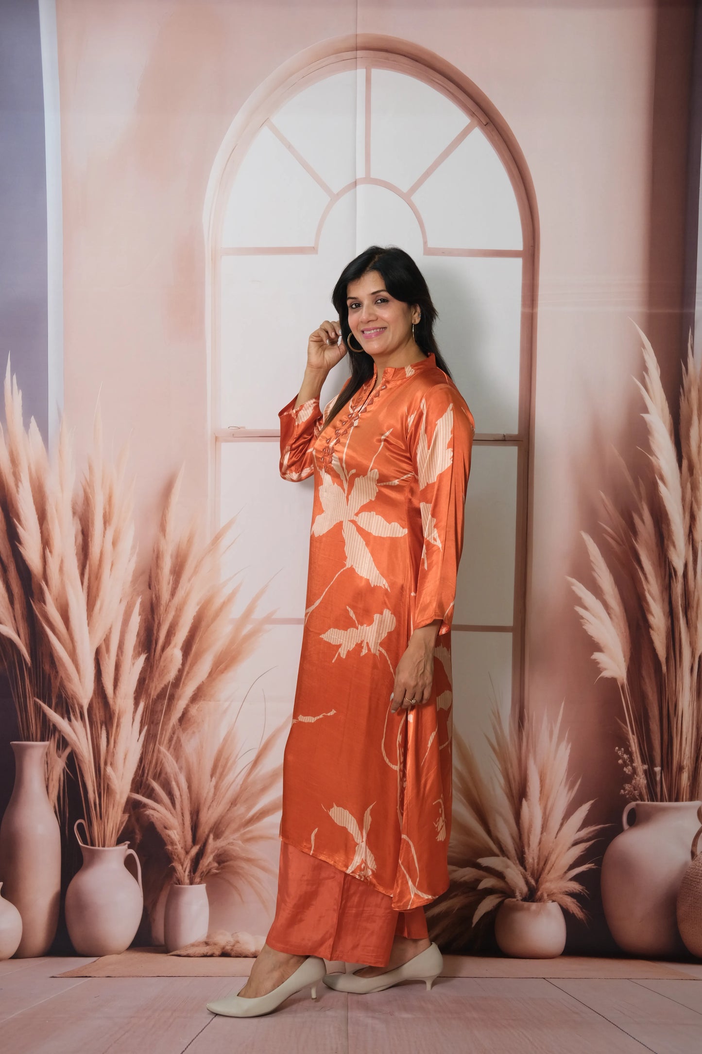 Rust Gaji Silk Kurta Pant Set with Print | Elegant Ethnic Wear for Women