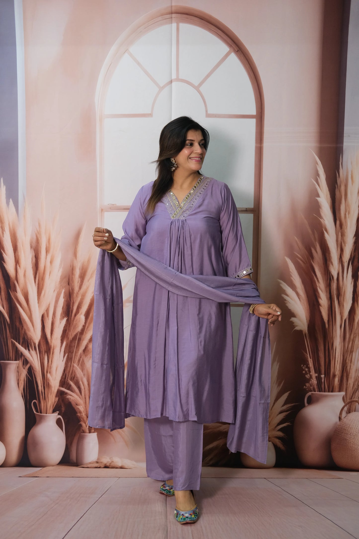 Lavender Purple Mul Chanderi A-Line Kurta Dupatta Set with Mirror Work