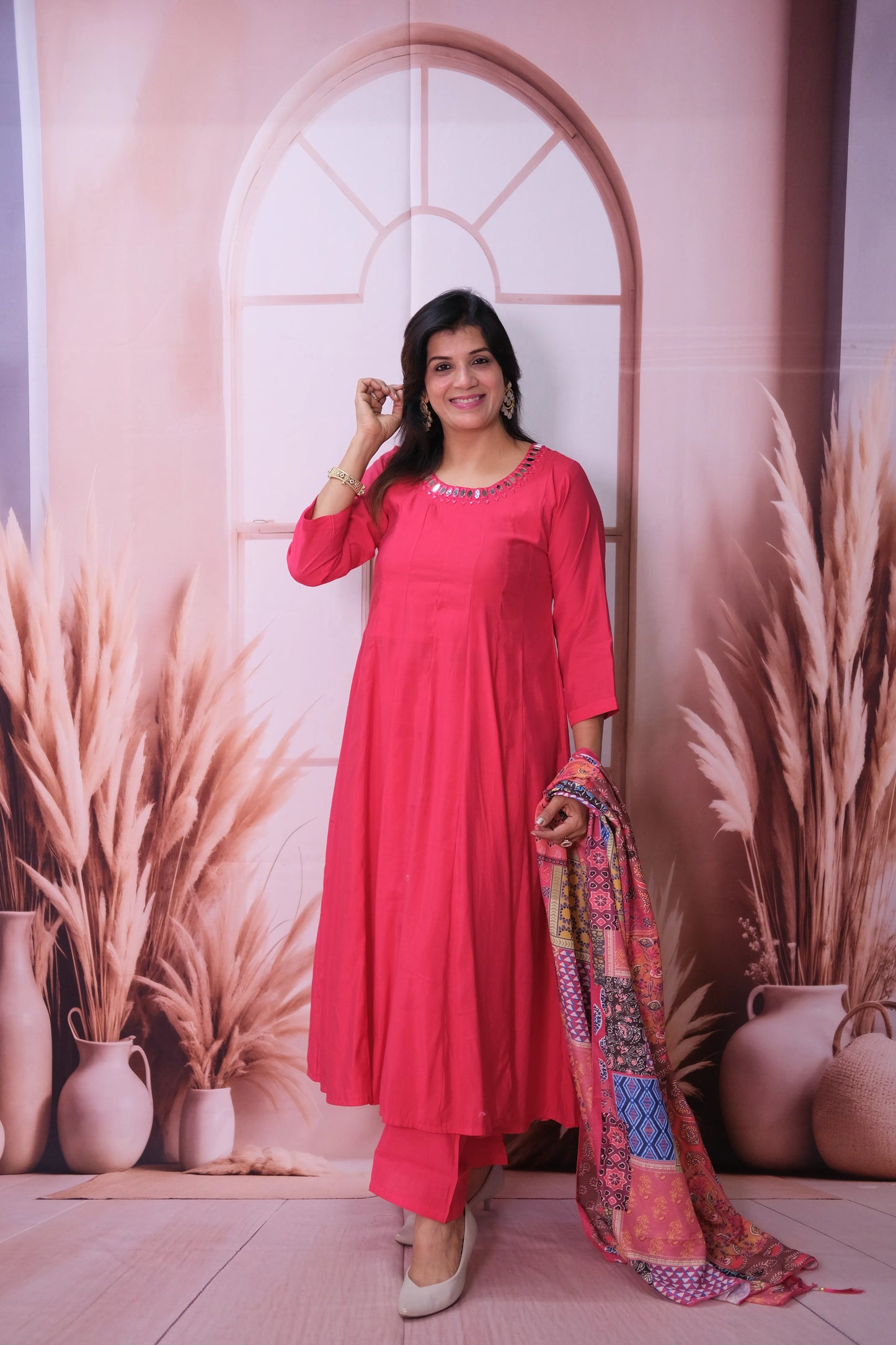 Viva Magenta Mul Chanderi A-Line Kurta Dupatta Set with Mirror Work & Printed Dupatta