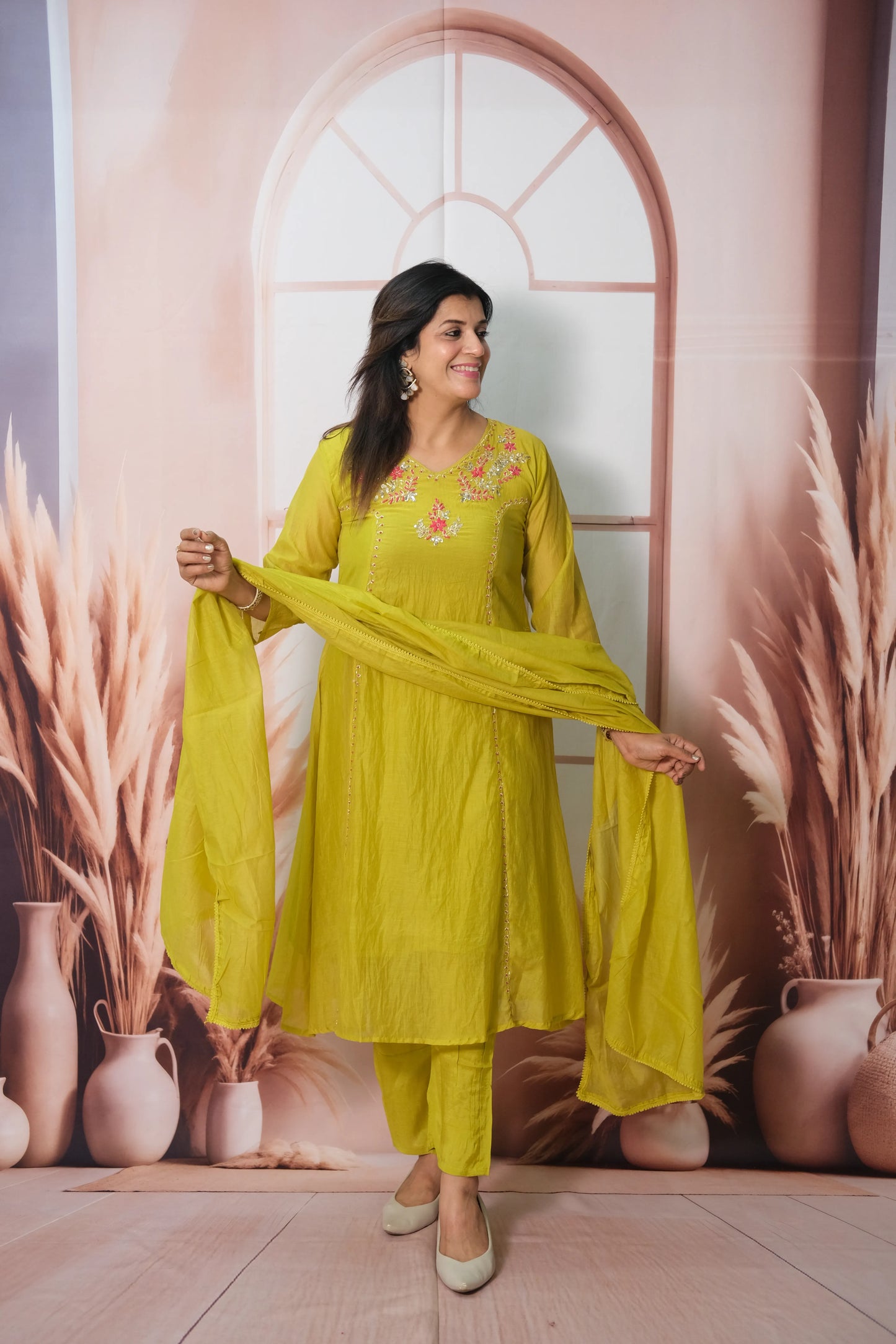 Sulphur Spring Mul Chanderi Kurta Dupatta Set with Pearl & Sequin Embroidery