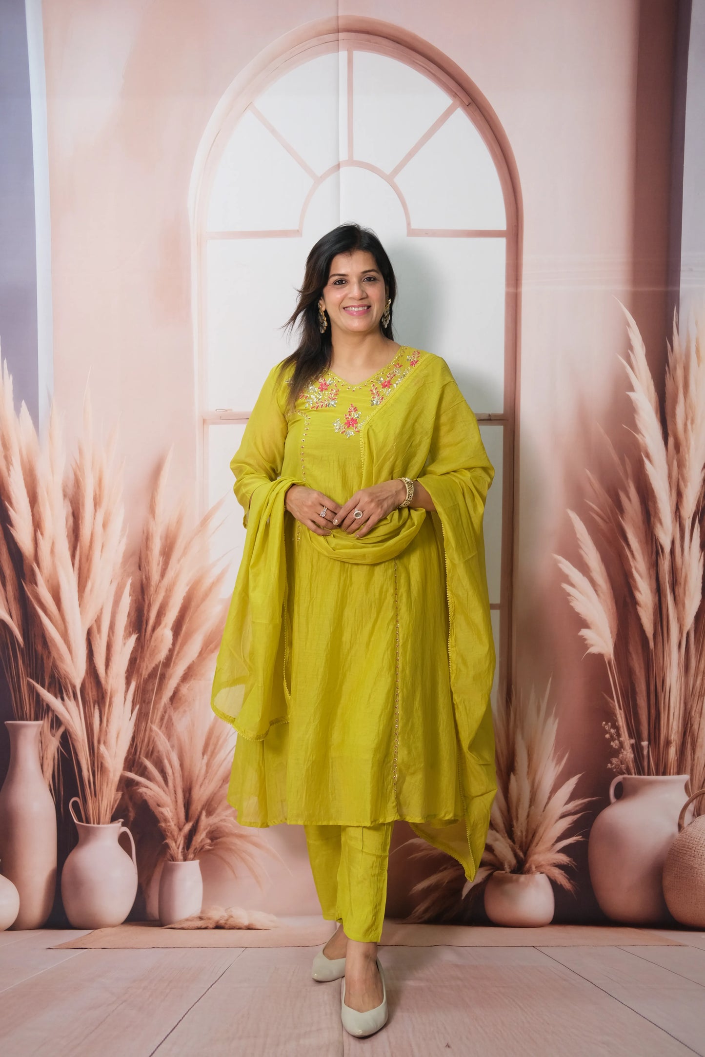 Sulphur Spring Mul Chanderi Kurta Dupatta Set with Pearl & Sequin Embroidery