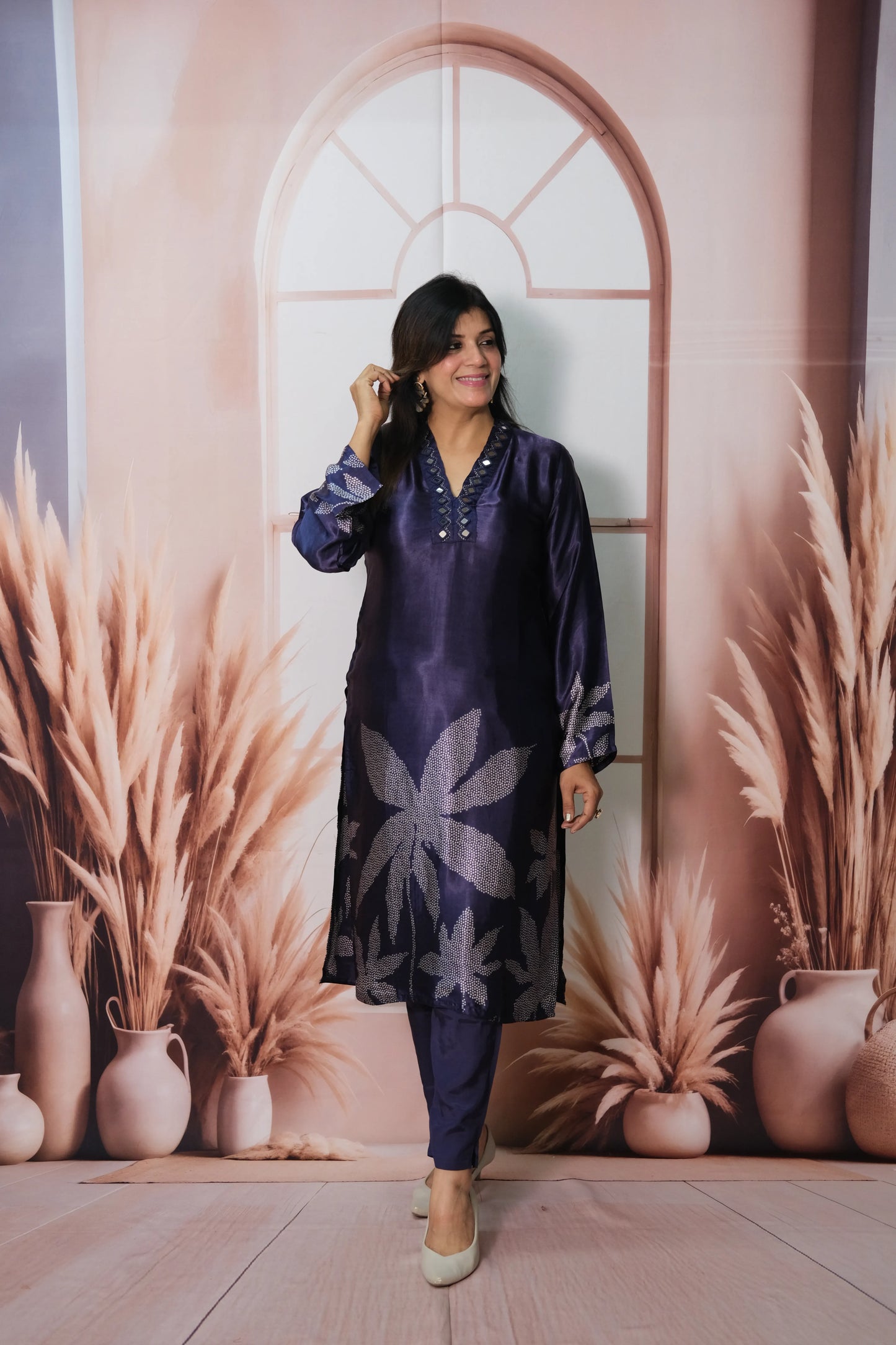 Navy Blue Gaji Silk Kurta Pant Set with Mirror Work & Print