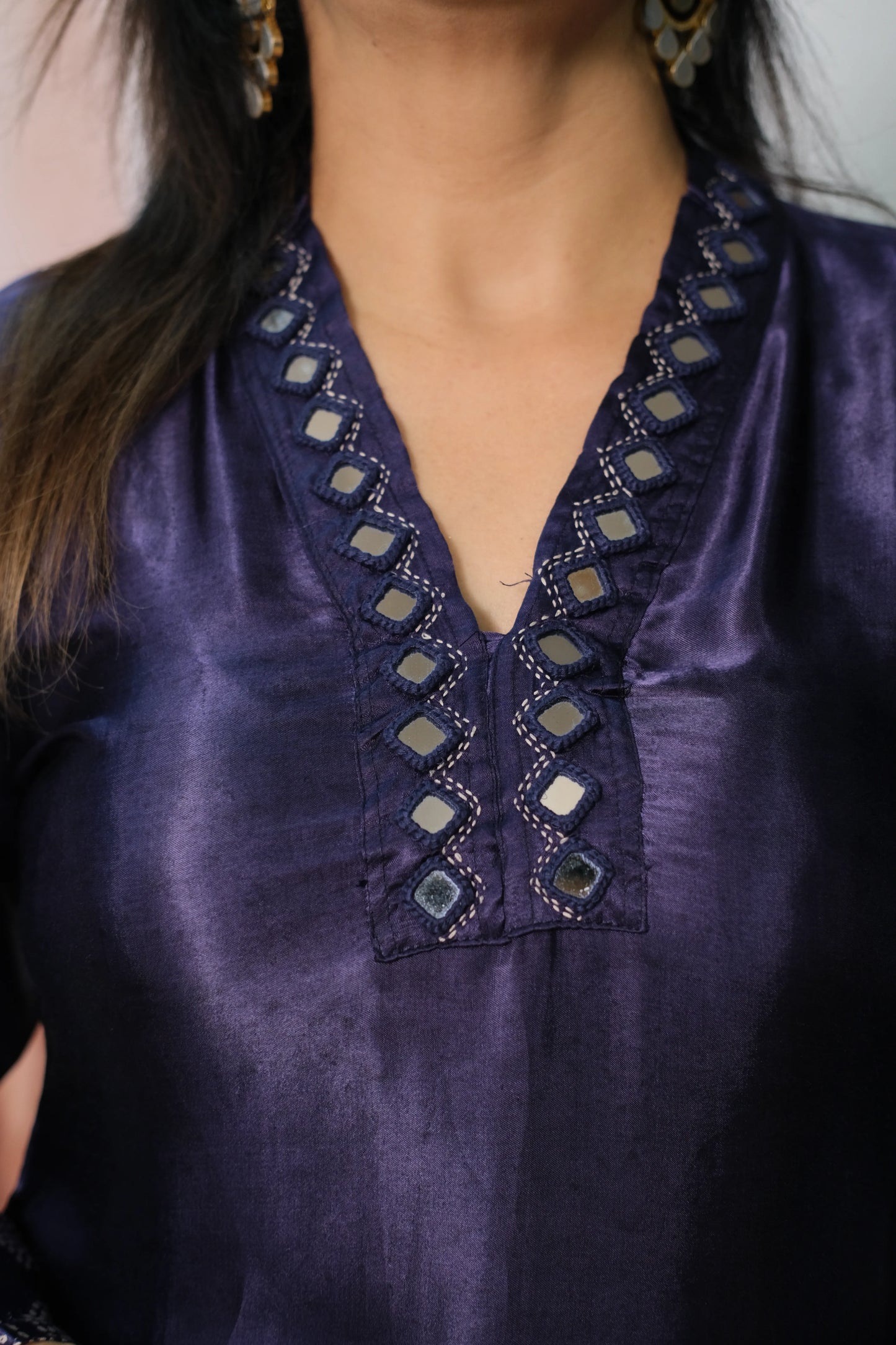 Navy Blue Gaji Silk Kurta Pant Set with Mirror Work & Print