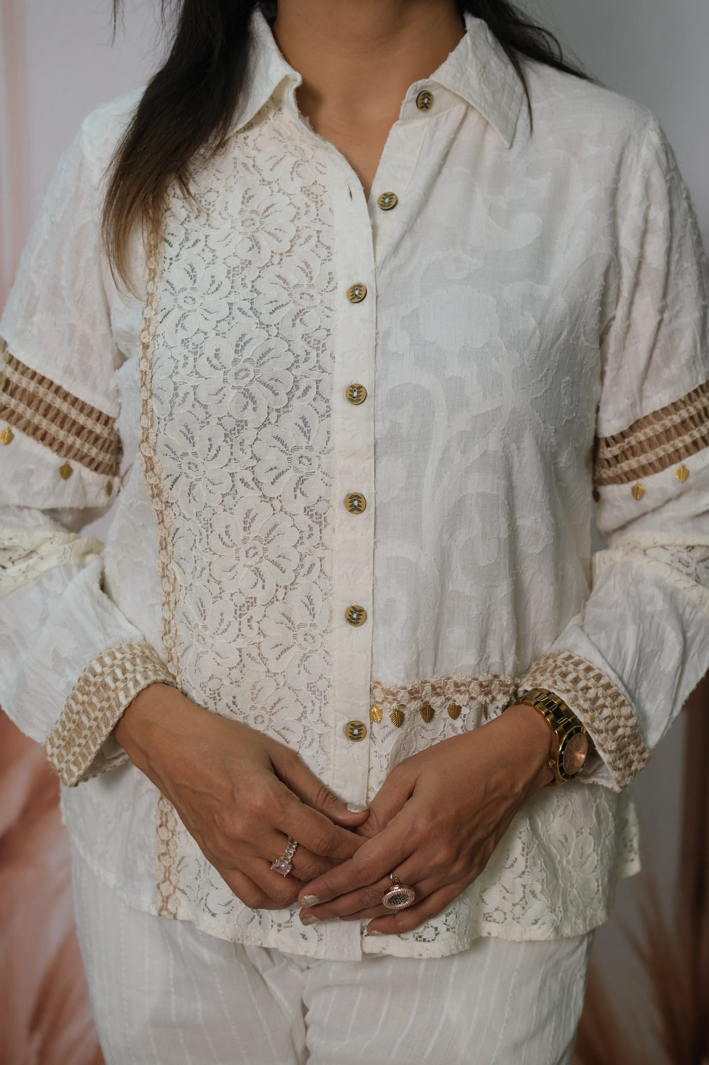 Off White Pure Cotton Co'ord Set with Lace Work