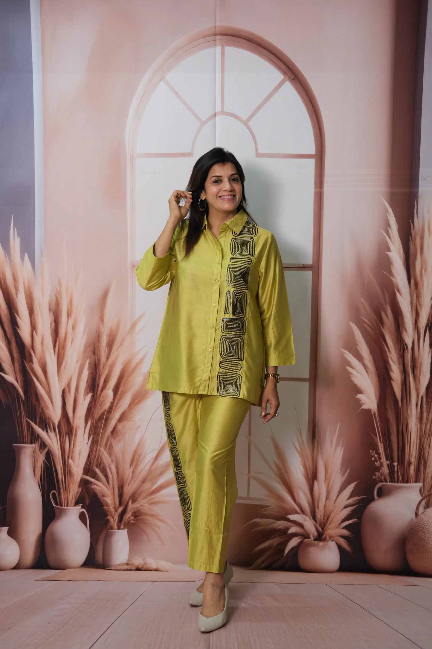 Olive Yellow Raw Silk Co'ord Set with Sequin Embroidery