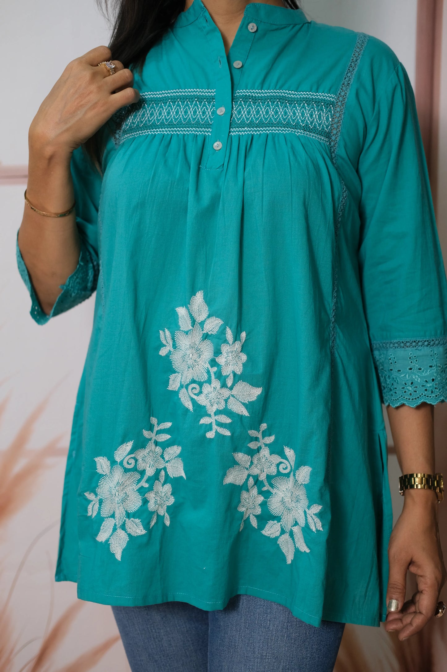 Peacock Blue Smoky Soft Cotton Short Top with Thread Embroidery