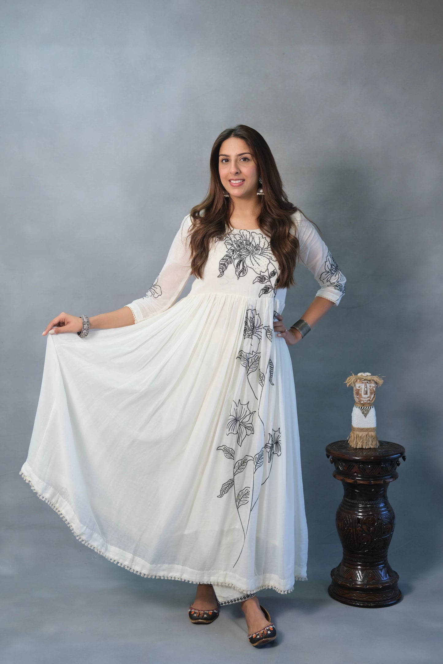 White Anarkali with Thread Work & Inner | Mul Cotton