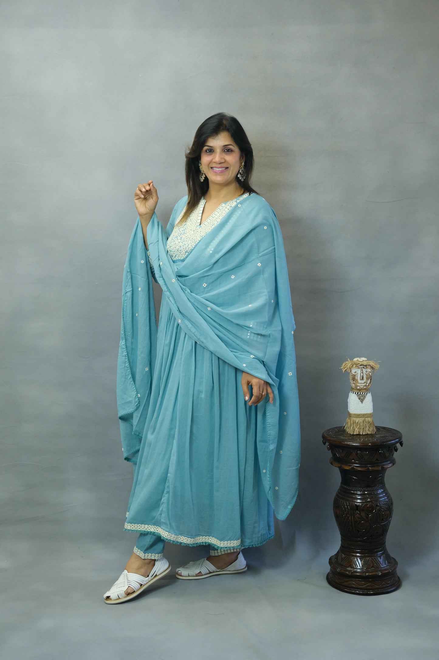 Firozi Blue Embroidered Anarkali Set in Mul Cotton | Elegant Ethnic Wear
