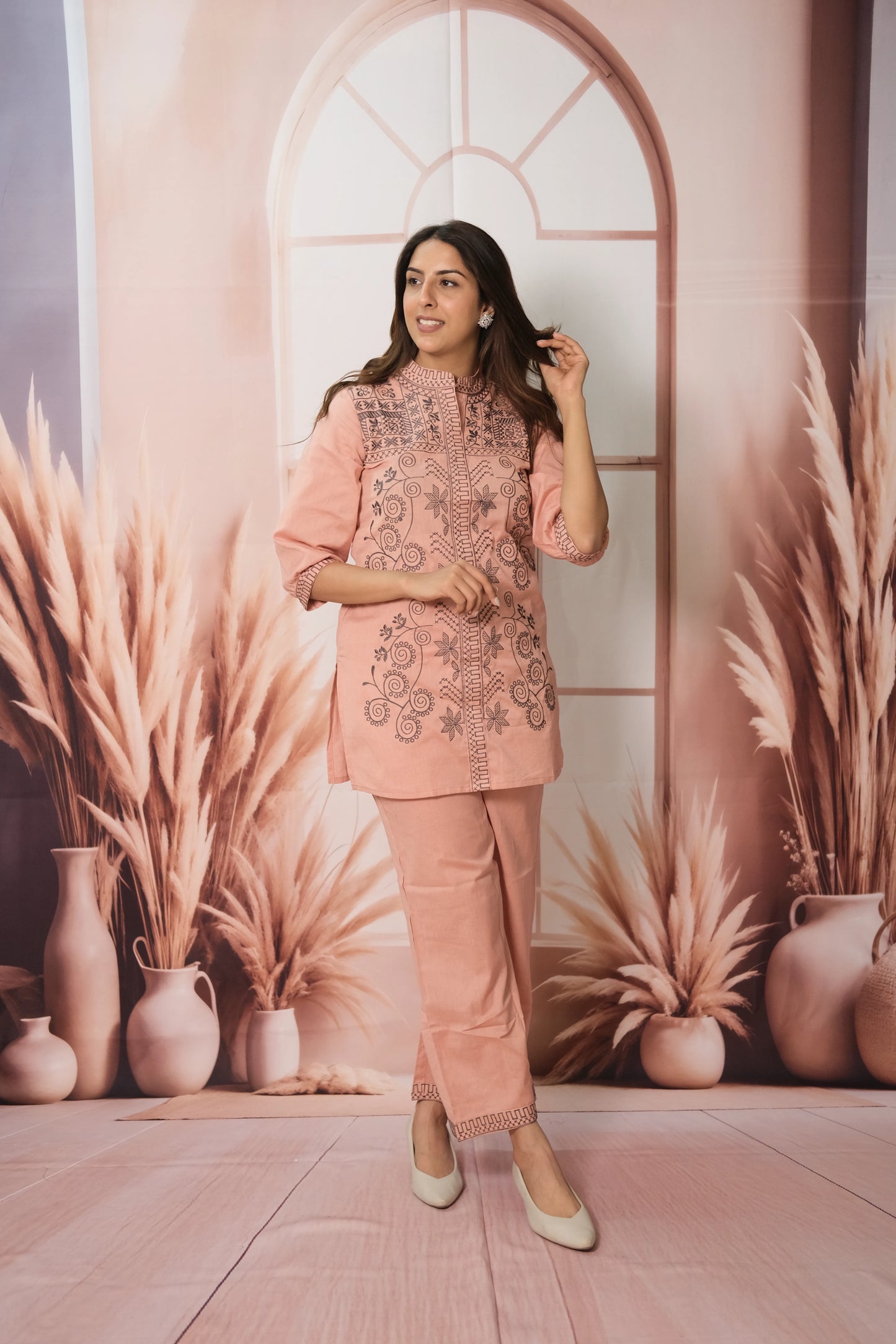 Peach Co-ord Set – Cotton Embroidered Festive Wear for Subtle Sophistication
